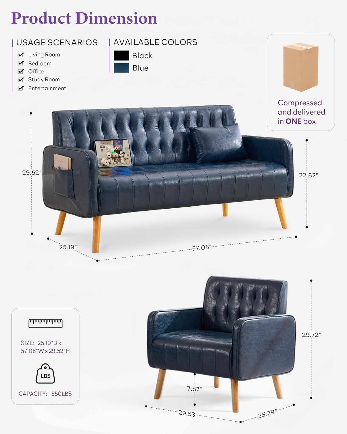 TYBOATLE Faux Leather Love Seat Couch and Accent Chair (Blue, 3) Mid-Century Modern, Tufted Backrest, Small, USB & Side Pockets, 3 Pieces Living Room Sets