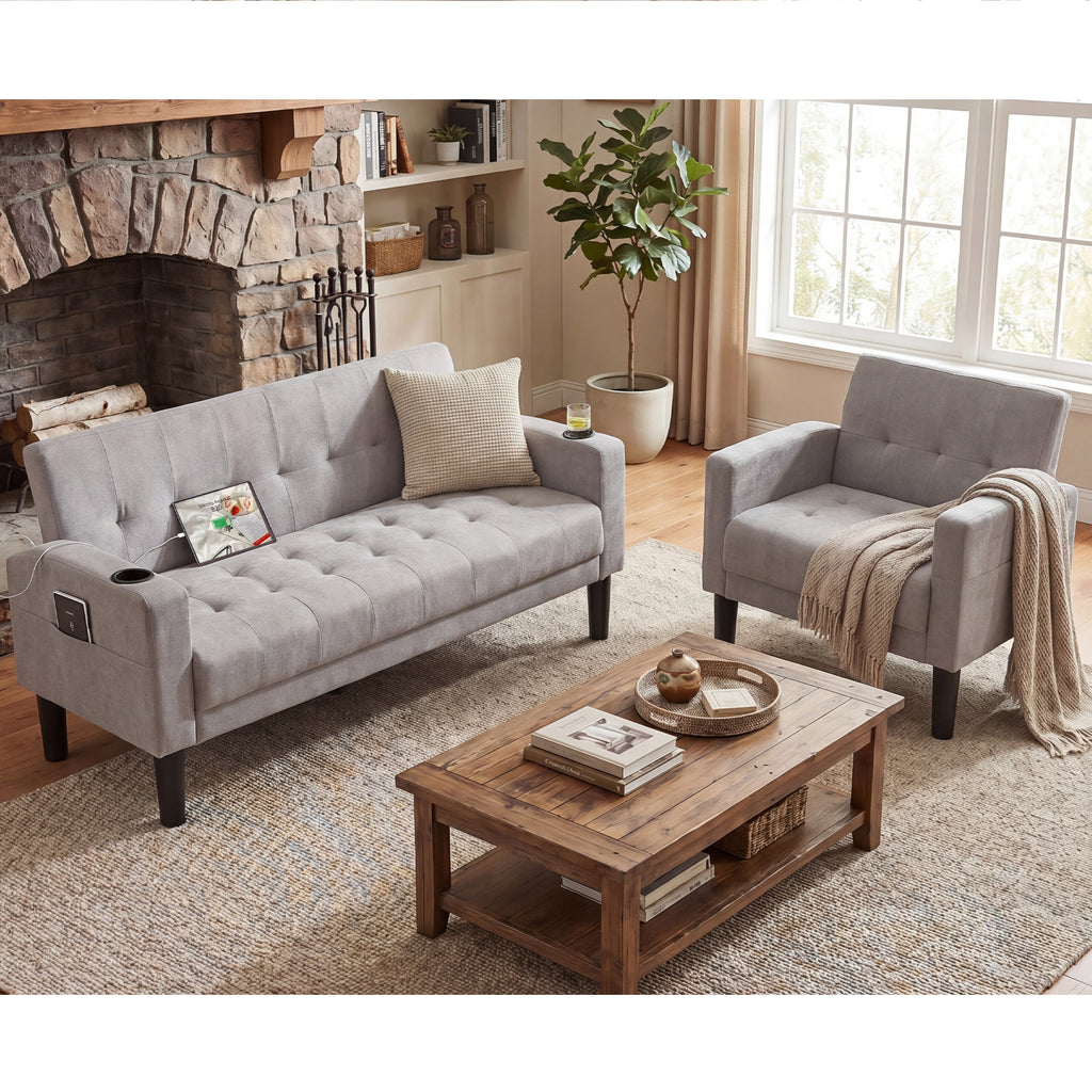 TYBOATLE Sofa Couch 62" W Loveseat w/ 2 USB Charger Ports & 2 Cupholders, Mid-Century Modern Black Leather Tufted Small Love Seat Couches for Office, Compact Living Room, Bedroom (Light Grey, 2+1)