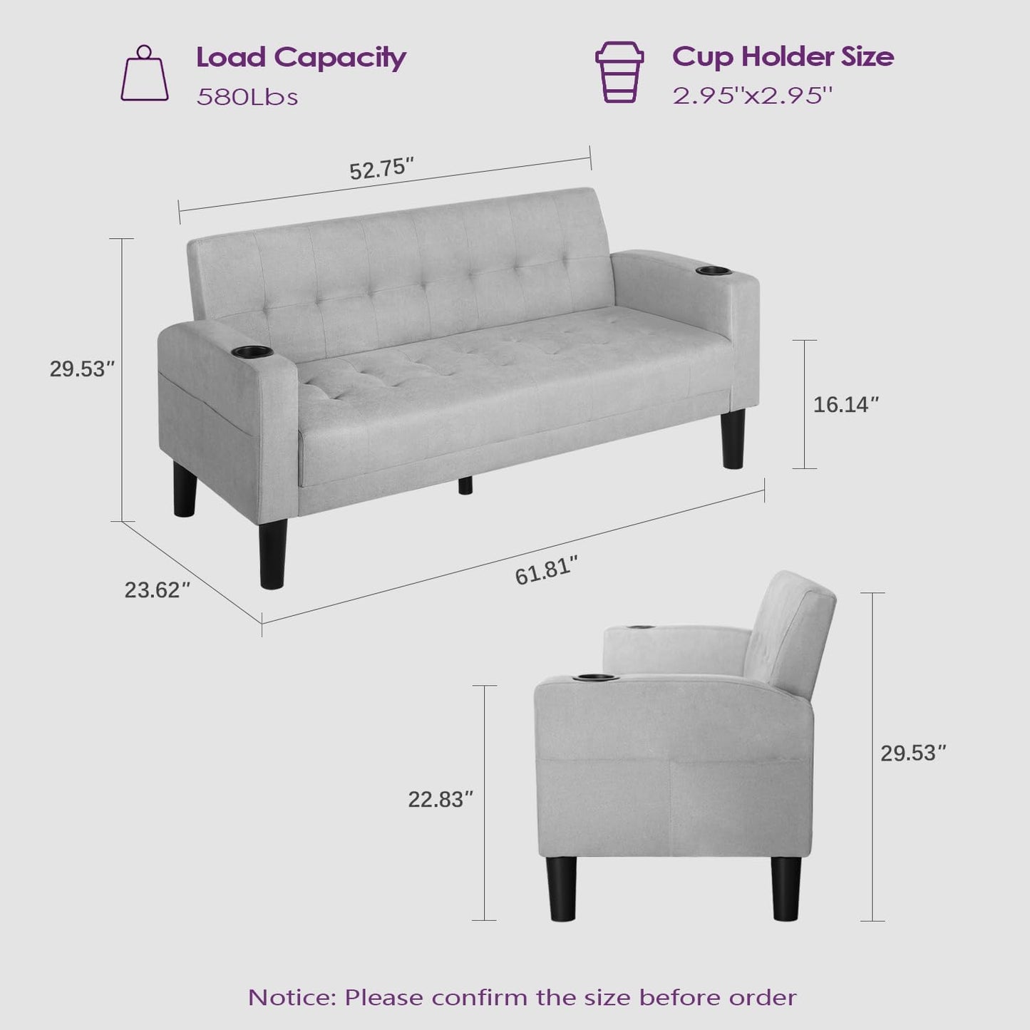 TYBOATLE Sofa Couch, Living Room Furniture Sectional Sofa Sets 2 Pic, Tufted Mid-Century Loveseat w/USB, Cupholders & Comfy Single Sofa for Small Space, Apartment, Office (Light Grey)