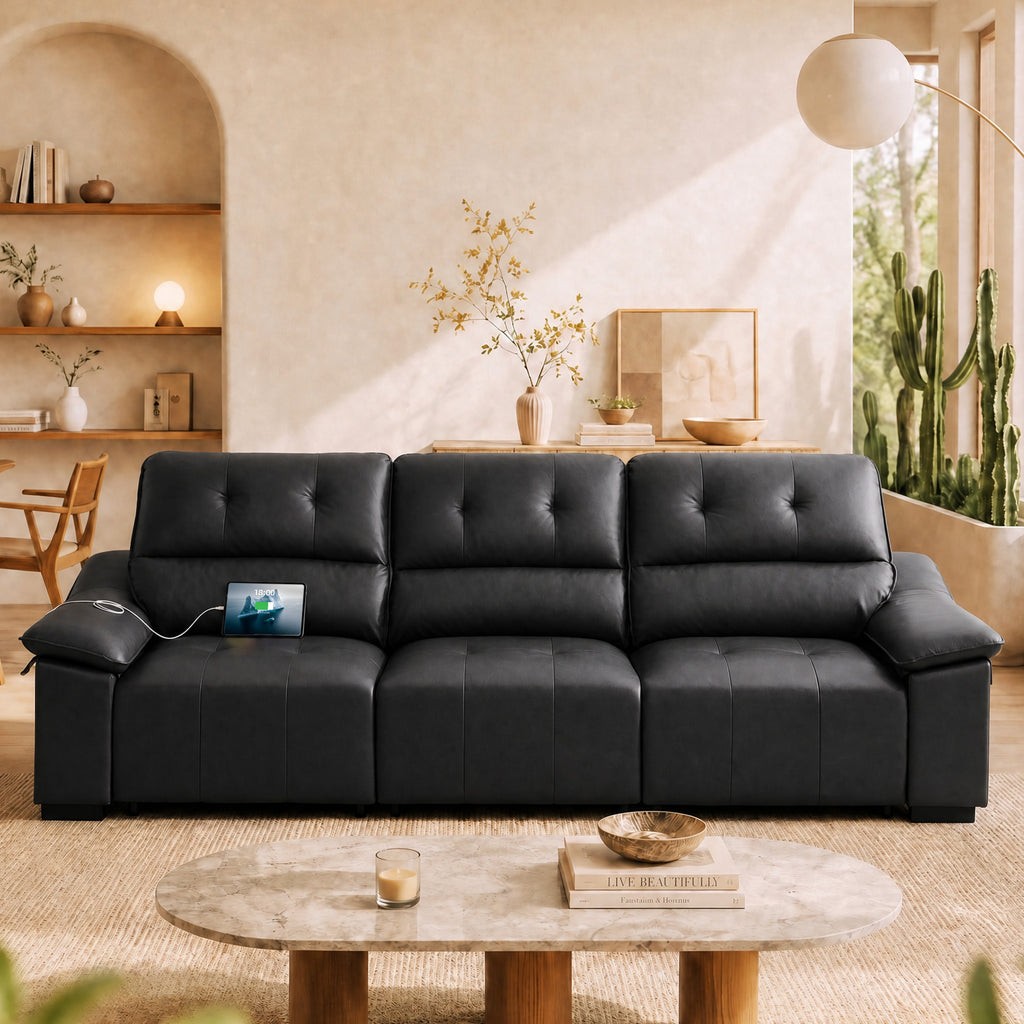 Electric Reclining Sectional Couch, Power Recliner Sofa w/USB & Type-C Charging Ports and Cup Holders, Leather Reclining Sofa for Living Room, Home Theater