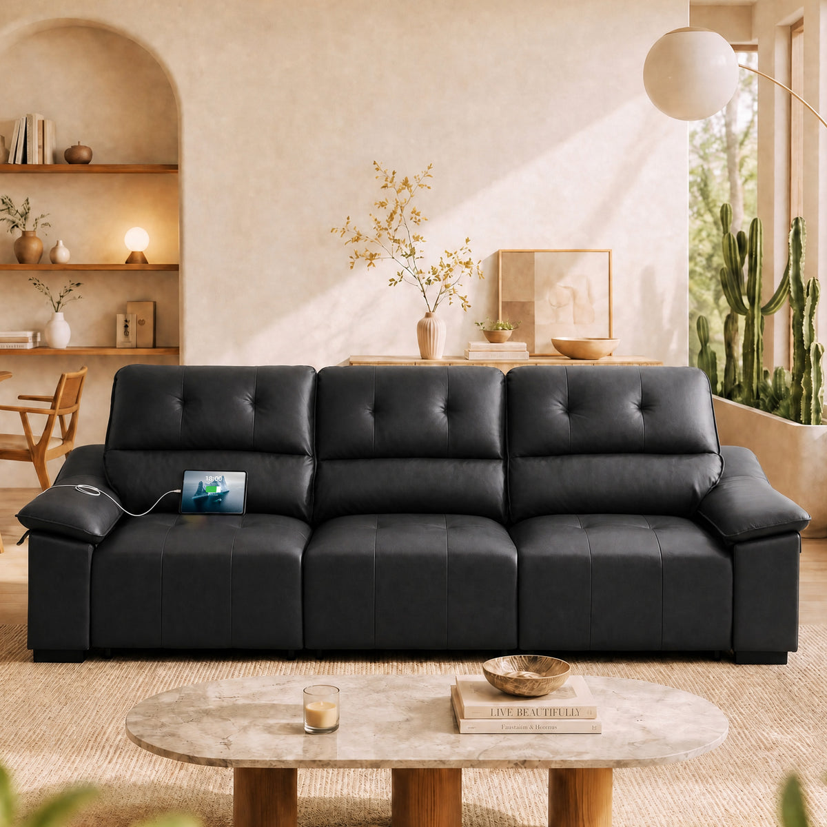 Electric Reclining Sectional Couch, Power Recliner Sofa w/USB & Type-C Charging Ports and Cup Holders, Leather Reclining Sofa for Living Room, Home Theater