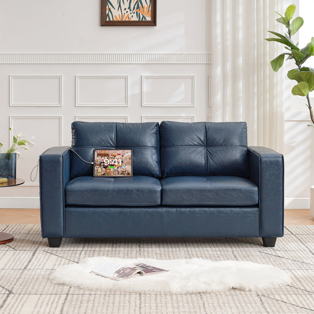 TYBOATLE 65" Blue Faux Leather Loveseat for Bedroom, Mid-Century Modern Tufted Comfy Loveseat w/USB Charging Ports and Wide Arms, 2 Seat Office Small Couch for Small Space