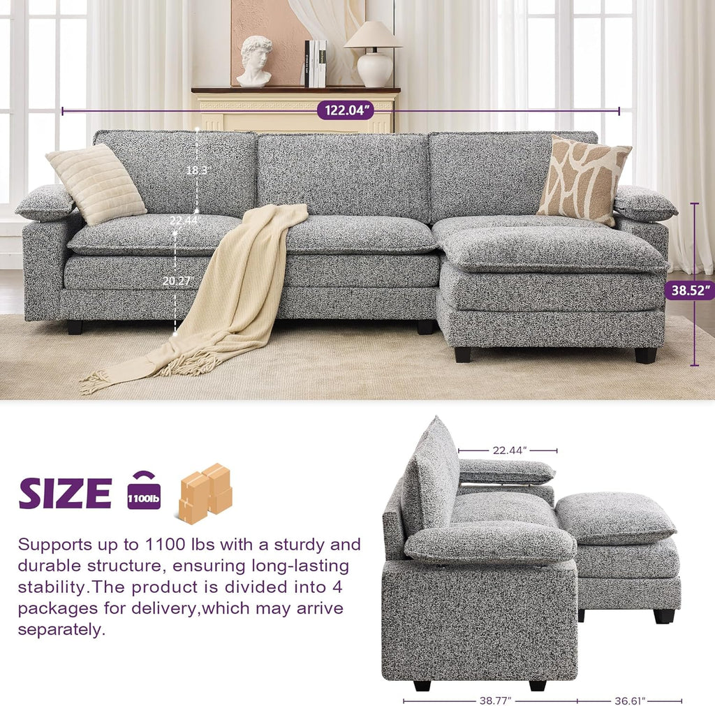 TYBOATLE 122'' Sofa Set for Living Room, Premium Kapok Fiber Sectional Couch with Chairs & Ottoman, Comfy Cloud Couch w/Wider Armrest, Deep Seat Upholstered Modular Sofa for Appartment, Grey