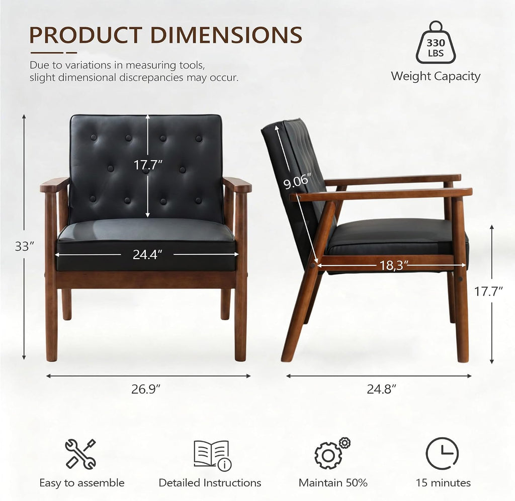 JIASTING Black Accent Chairs Set of 2, Faux Leather Chairs with Solid Wood Armrest