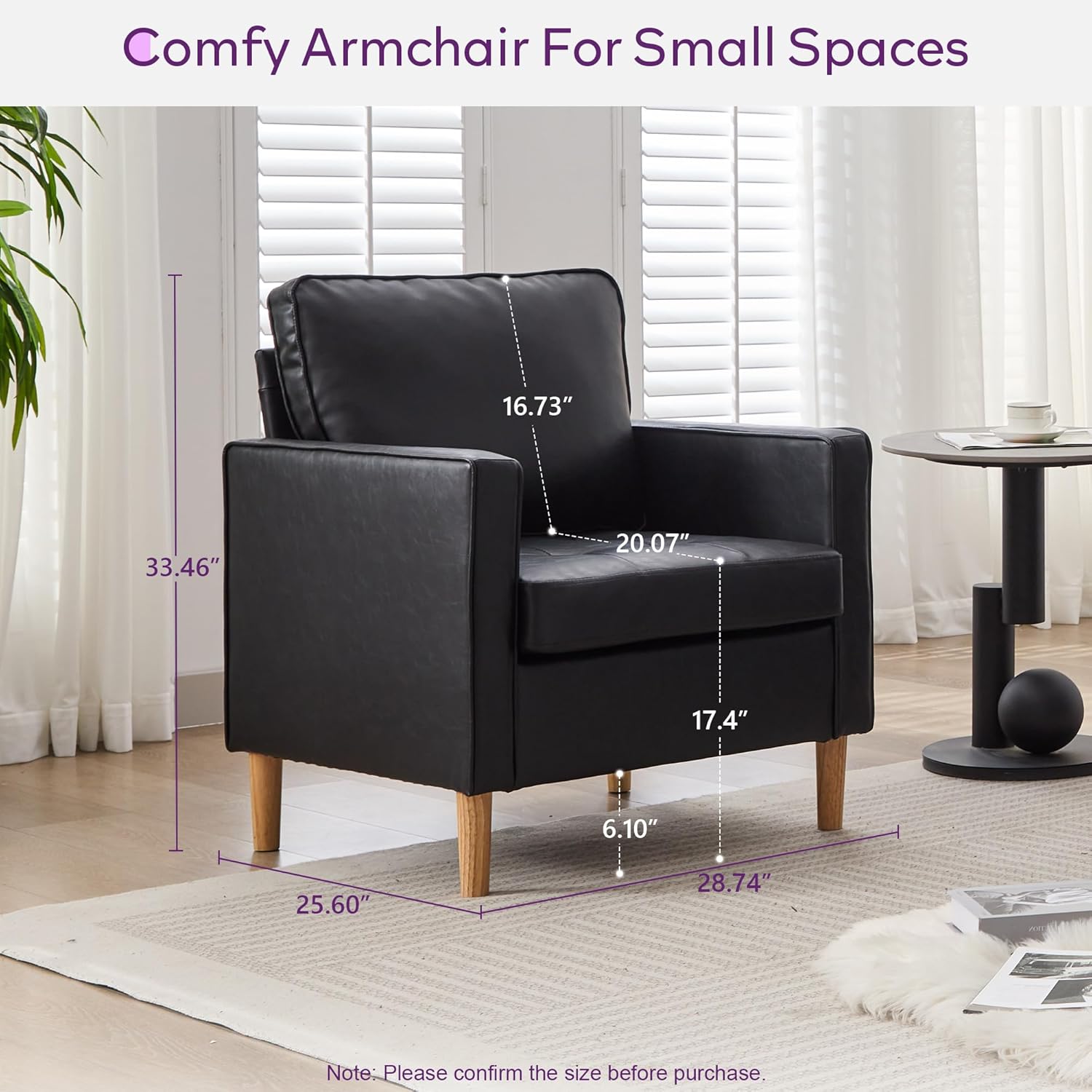 TYBOATLE Accent Chair, Black Faux Leather Chair with Tufted Seat & Wood Legs, Mid-Century Modern Living Room Chair, Upholstered Comfy Reading Chair, Armchair for Bedroom, Waiting Room, Office (1)
