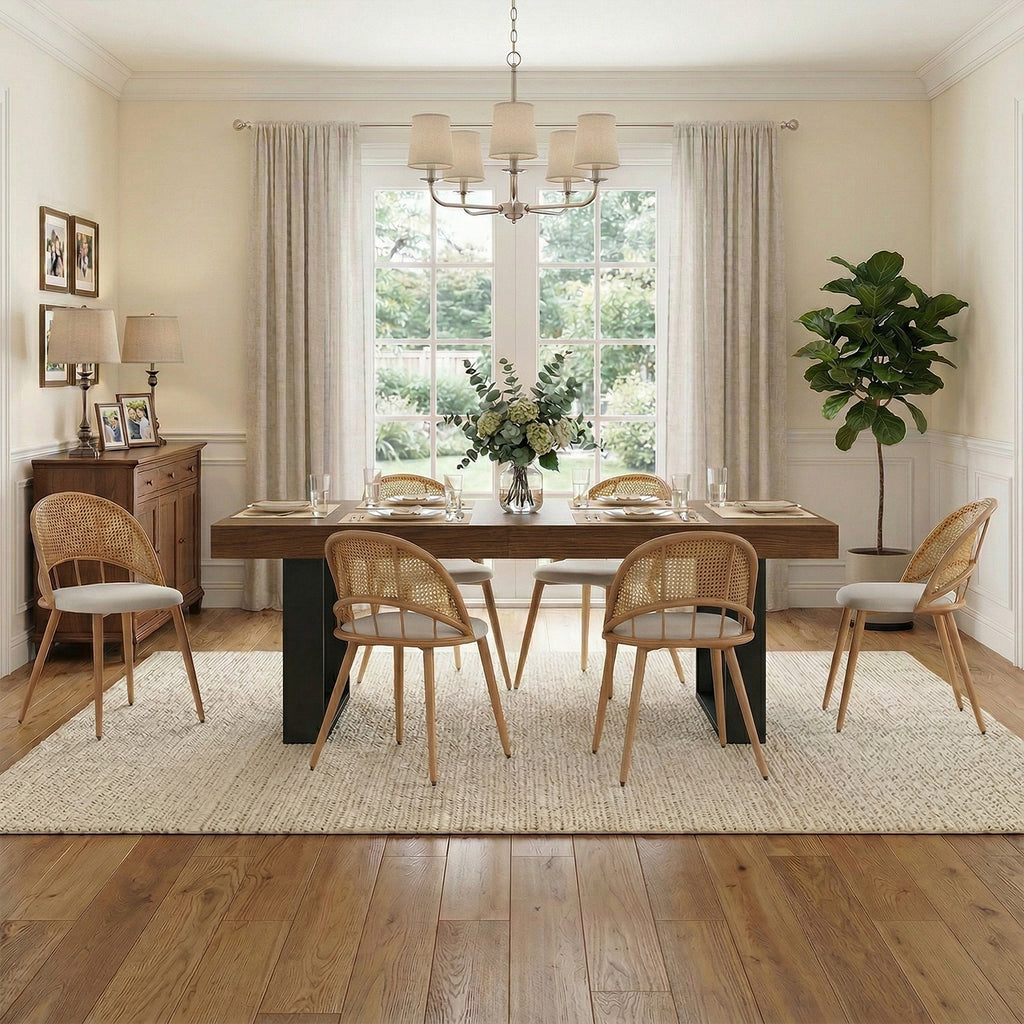 TYBOATLE 63'' - 79'' Extendable Dining Table Set for 6, Farmhouse Wooden Dining Room Table Set, 7 Piece Dinner Table Set with Upholstered Rattan Dining Chairs (Brown & White, 63''-79''- 6 Chairs)