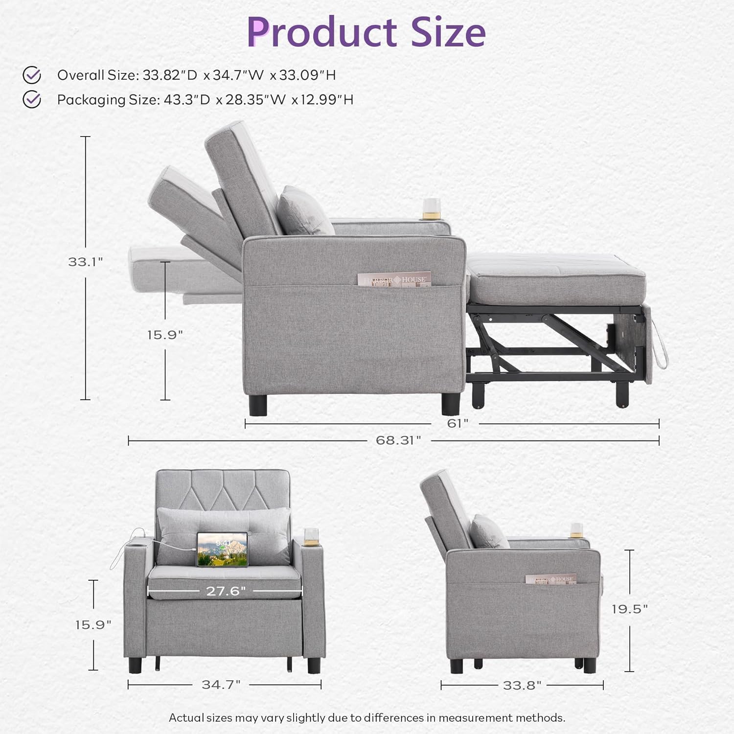 TYBOATLE Sleeper Chair for Adults, Convertible Pull Out Sofa Bed with Charging, Grey | Cup Holders, Side Pockets, Living Room, Bedroom, Small Space