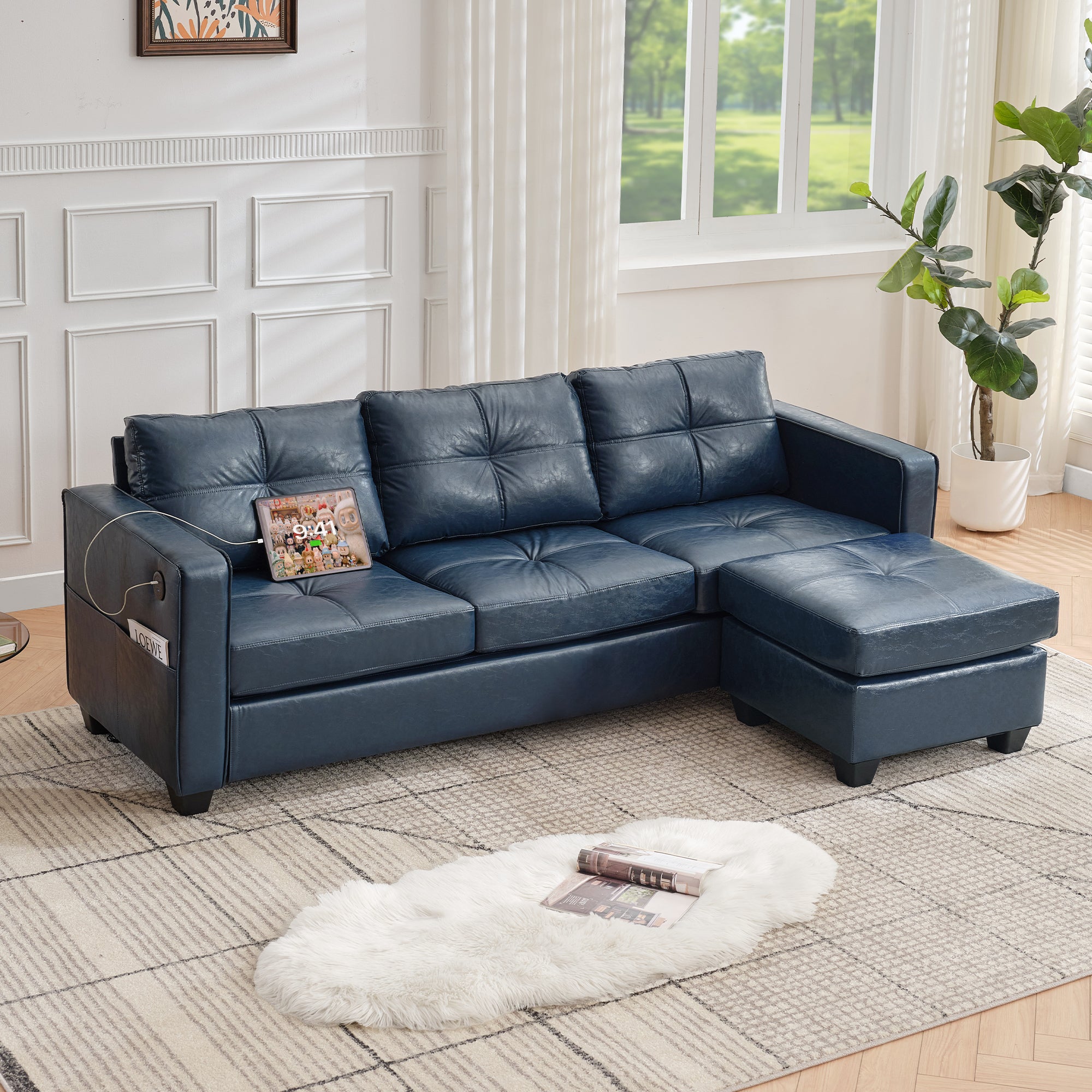 TYBOATLE 88" W Blue Faux Leather L Shaped Sectional Couches w/Side Pockets, Comfy Modular Convertible Sofas w/USB, Office Sofa Set with Chaise for Living Room, Bedroom (Blue, 3L)