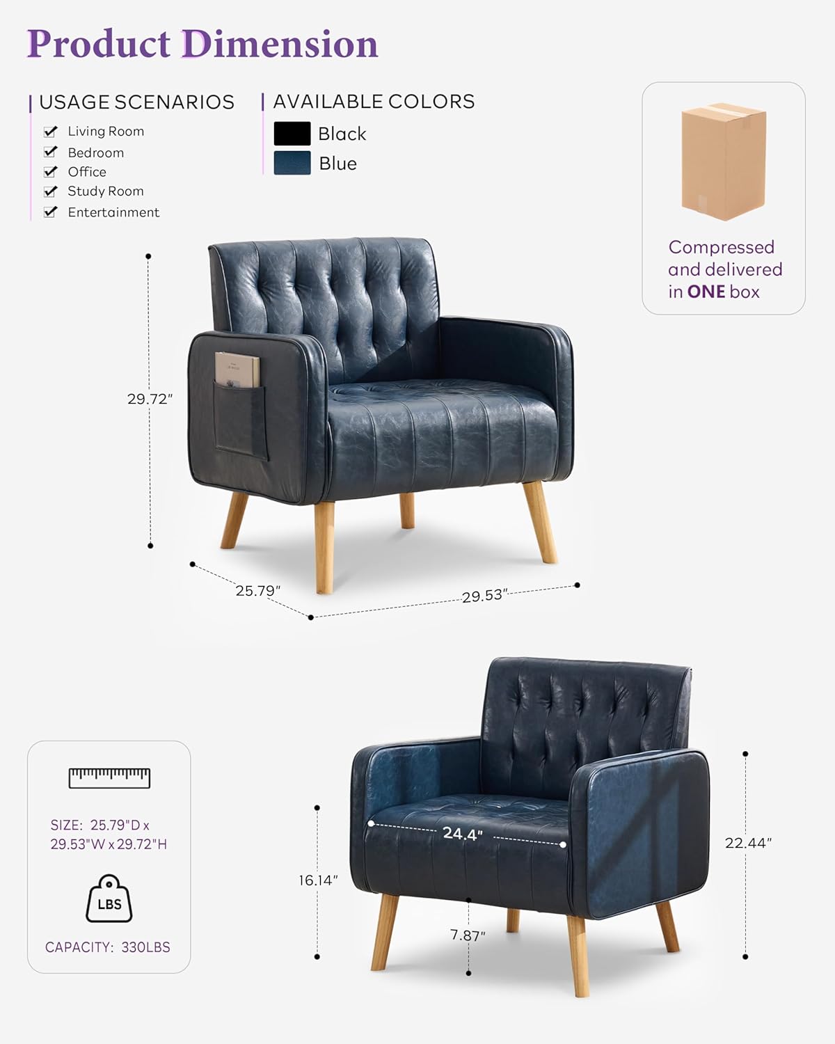 TYBOATLE Leather Accent Chair Set of 2, Mid-Century Modern Living Room Chair with Pocket and Wooden Legs, Tufted Cozy Office Reading Chair, Armchair for Living Room, Waiting Room, Bedroom (Blue, 2)