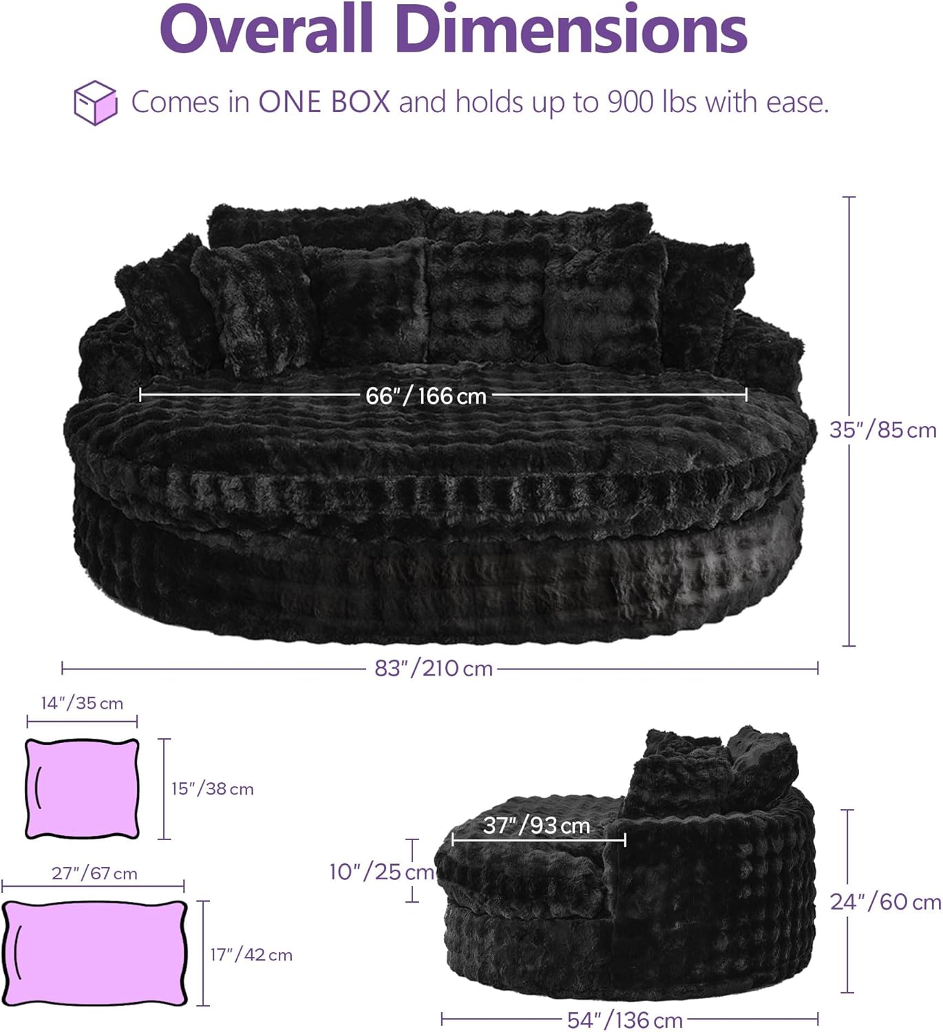 TYBOATLE 83’’ Oversized Round Boneless Couch w/Deep Seat, Round Memory Foam Couch, Comfy Fluffy Plush Bubble Sofa w/Double Cushion, Circle Bed for Livingroom, Bedroom (Black)