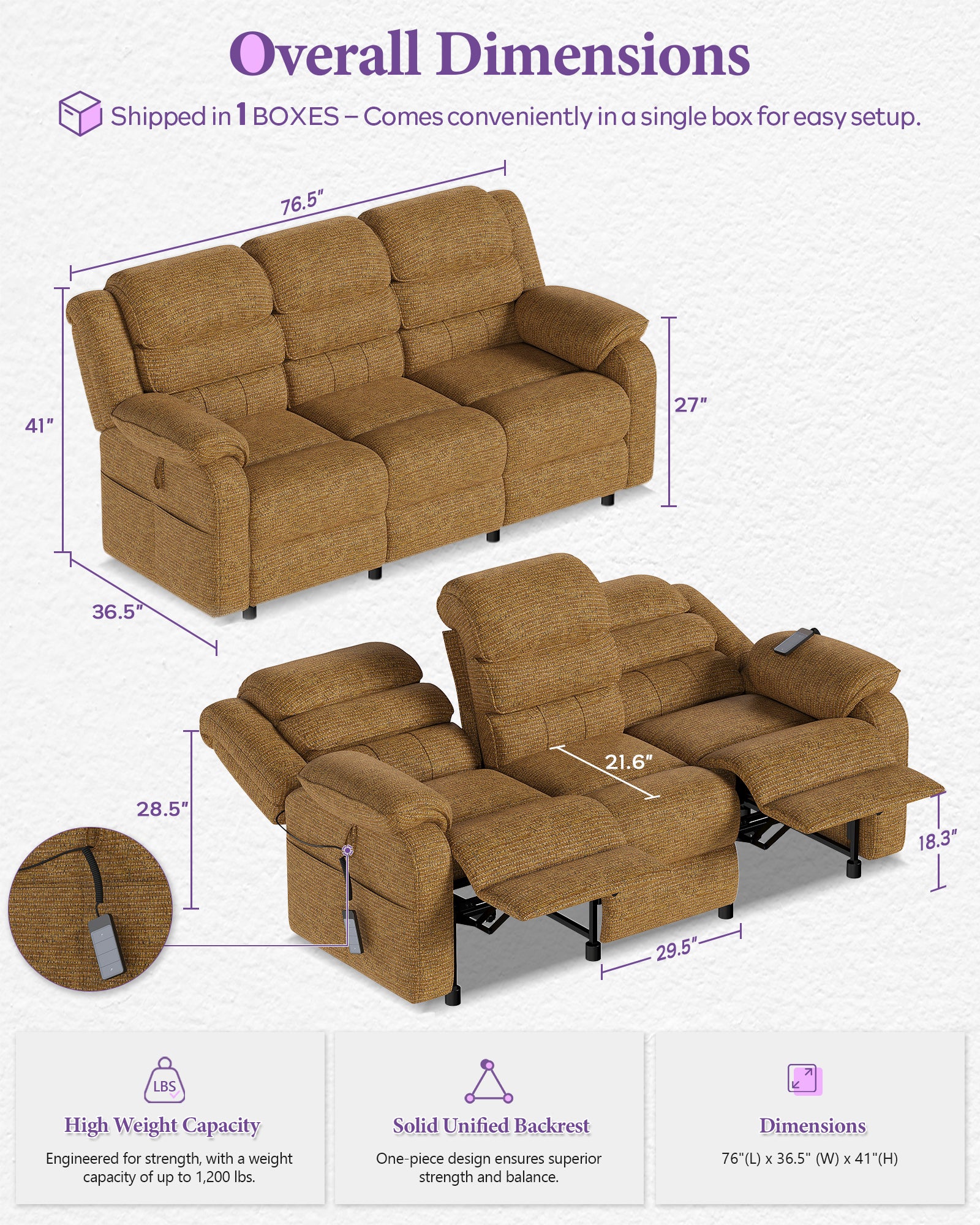 TYBOATLE Power Recliner Sofa, 3 Seater Electric Reclining Sofa with Dual Motors and Remote Control, Chenille Recliner Couch w/ Side Pockets for Living Room, RV, Game Room, Home Theater, 76.5" Wide (Brown)