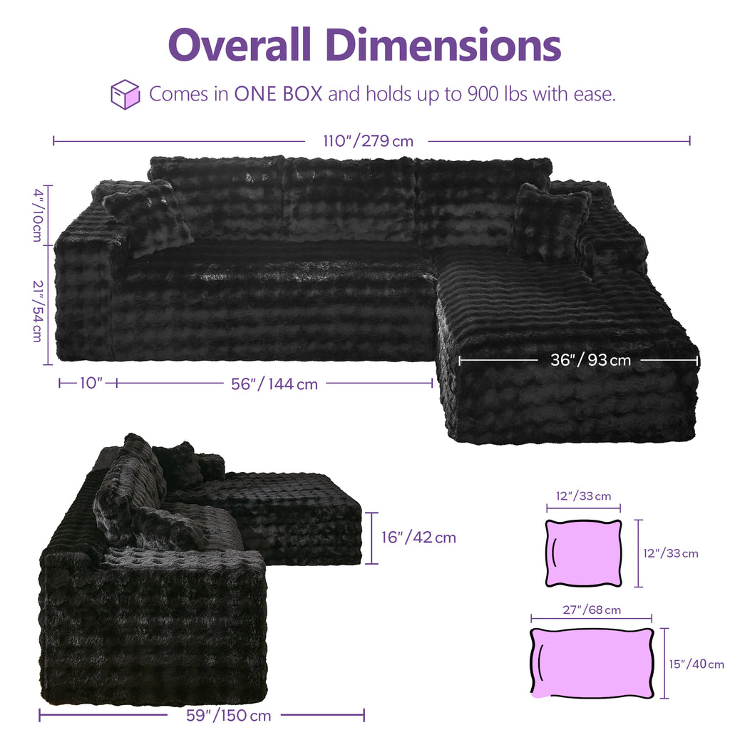 TYBOATLE 110’’ Boneless Slow-Rebound Memory Foam Couch, Cloud Sectional Couches for Living Room w/Upgraded Fabric, Deep Seat Comfy Fluffy L Shaped Modular Sectional Sofa (Black, Right Facing Chaise)