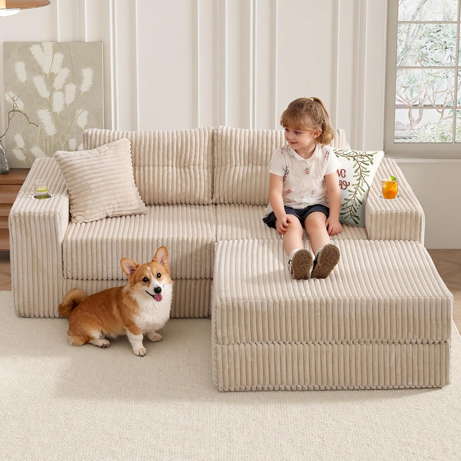 TYBOATLE Modular Cloud Sofa Loveseat with Ottoman, Corduroy Boneless Sectional Foam Couch with Deep Seats, Modern Convertible Sleeper Sofa Bed for Living Room, No Assembly (Cream Beige, 2 Seat)