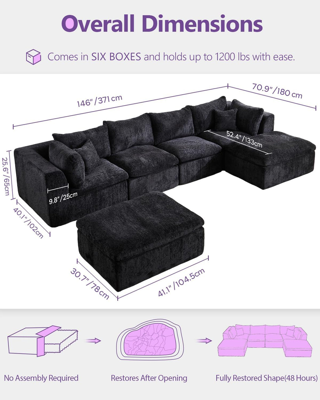 TYBOATLE 146’’ Black Boneless Couch for Living Room, U Shaped Cloud Sectional Sofa w/Ottoman, Comfy Boneless Modular Couch w/Memory Foam