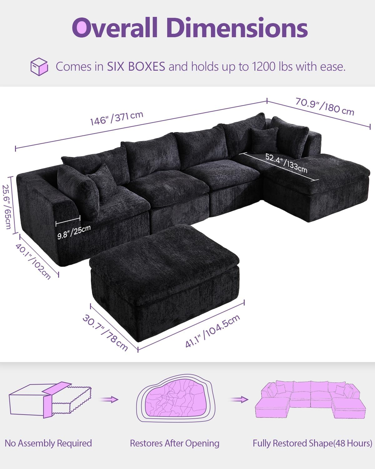 TYBOATLE 146’’ Black Boneless Couch for Living Room, U Shaped Cloud Sectional Sofa w/Ottoman, Comfy Boneless Modular Couch w/Memory Foam