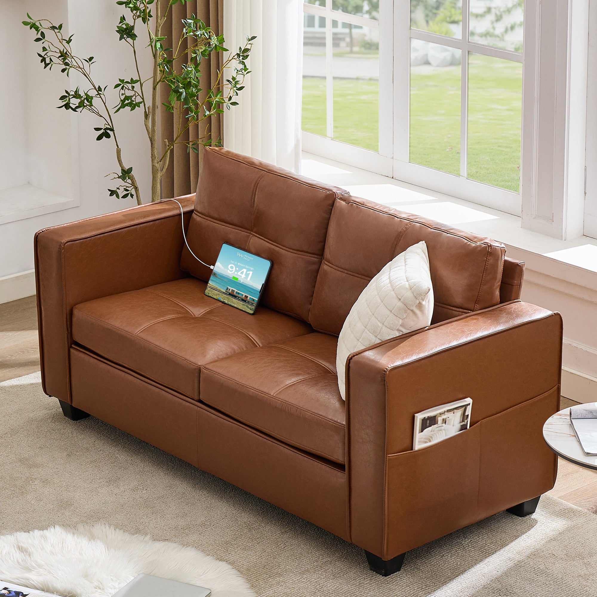 TYBOATLE 65" Faux Leather Sofa Couches for Living Room, Mid-Century Modern Tufted Comfy Loveseat w/USB Charging Ports and Wide Arms, 2 Seater Office Small Couch for Small Space Bedroom, Brown 2 Seater