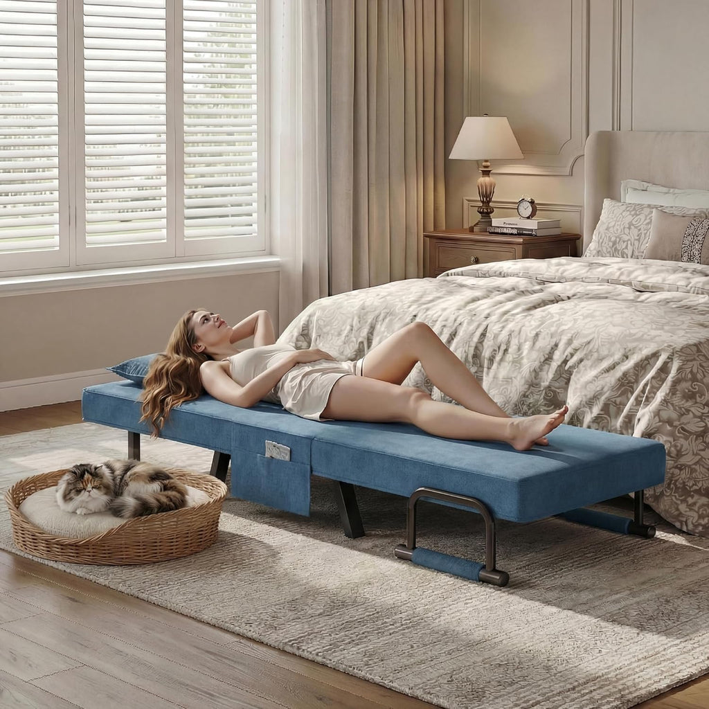 TYBOATLE Sleeper Chair Bed, Comfy Convertible Sleeper Chairs for Adults, 5 in 1 Folding Bed Chair with Adjustable Backrest & Side Pockets & Pillow, Cozy Small Futon Sofa for Small Spaces (Blue)