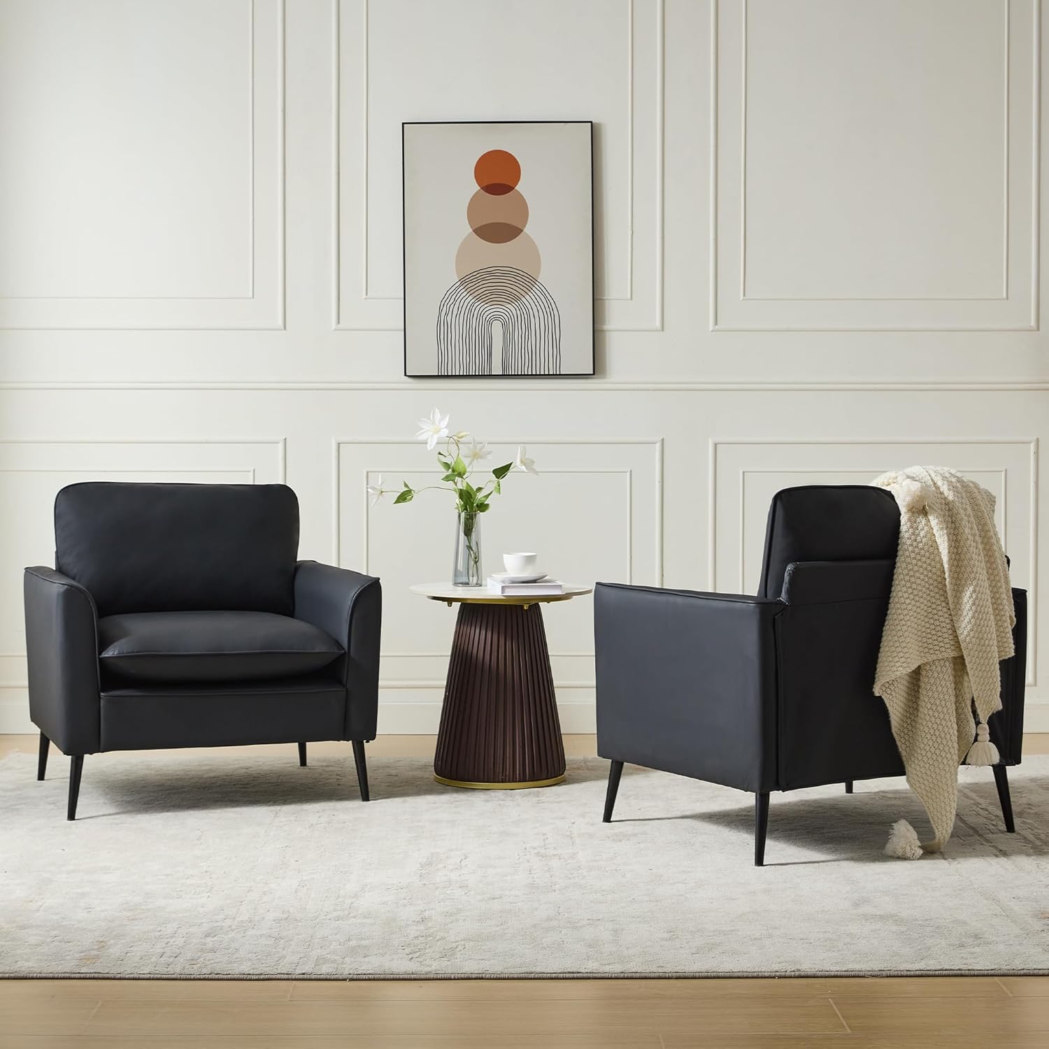TYBOATLE Accent Chairs Set of 2, Faux Leather Chairs, Mid Century Modern Comfy Living Room Chairs, Cozy Office Reading Chair, Reception Armchairs for Bedroom, Waiting Room (Black) (2)