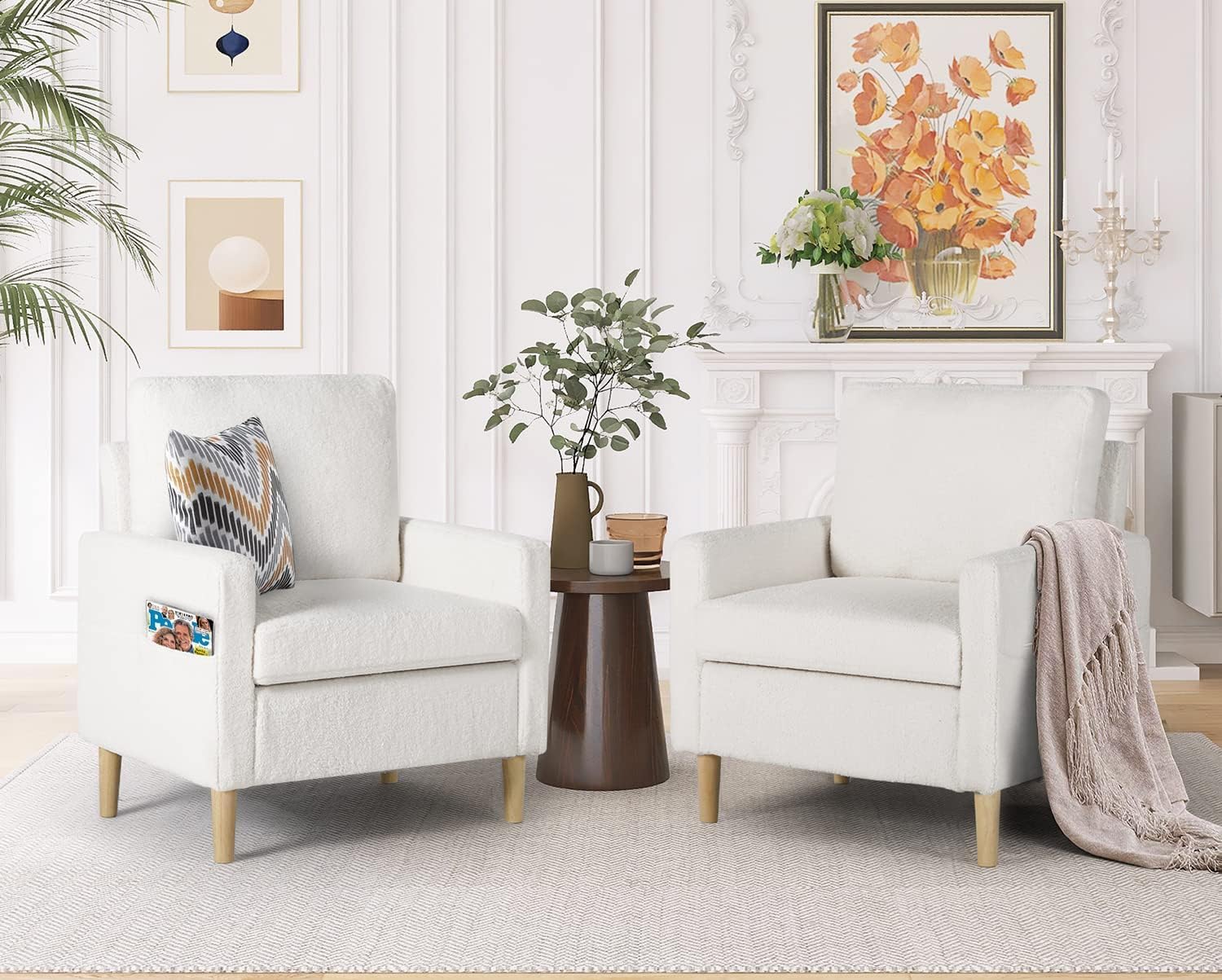TYBOATLE Accent Chairs Set of 2, Modern Fabric Living Room Arm Chairs, Furry Cozy Upholstered w/Side Pocket, Comfy Waiting Room Chairs for Bedroom, Office, White