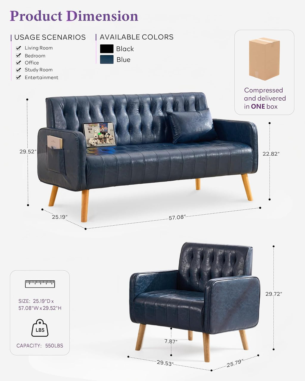 TYBOATLE Faux Leather Love Seat and Accent Chair, Mid-Century Modern Tufted Small Loveseat Sofa Couch and Chair Set with USB & Pockets, 2 Pieces Living Room Furniture Sets for Living Room, Office
