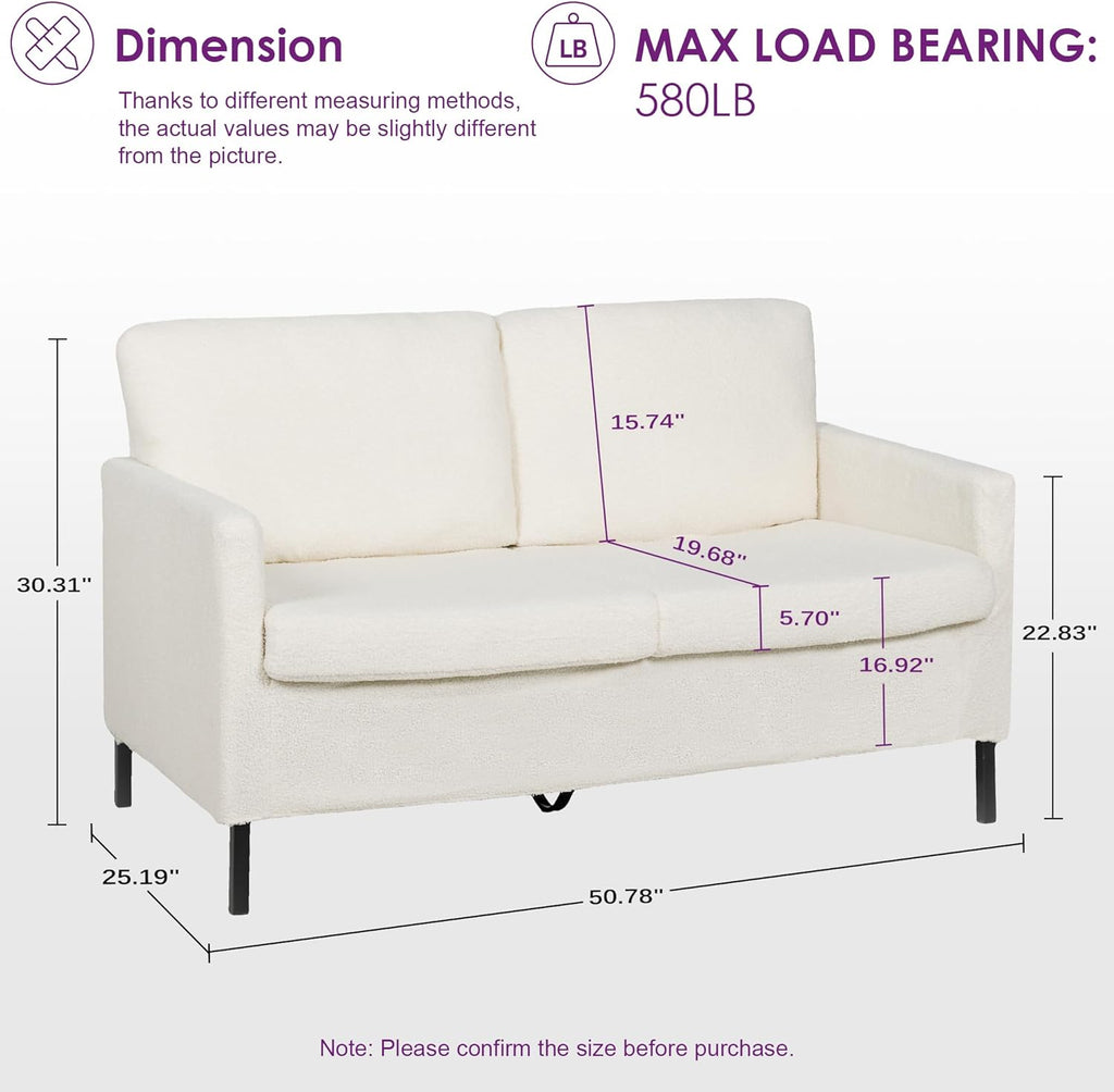 TYBOATLE Sofa Couch, Modern Small Loveseat for Living Room, 51" W Mini Little Upholstered 2-Seater Love Seats w/Iron Legs for Compact Small Space, Apartment, Bedroom, Dorm, Office (White Bouclé)