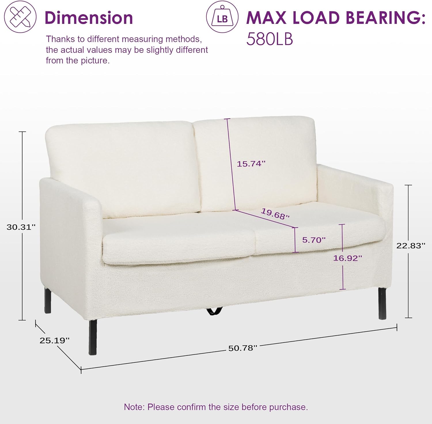 TYBOATLE Sofa Couch, Modern Small Loveseat for Living Room, 51" W Mini Little Upholstered 2-Seater Love Seats w/Iron Legs for Compact Small Space, Apartment, Bedroom, Dorm, Office (White Bouclé)