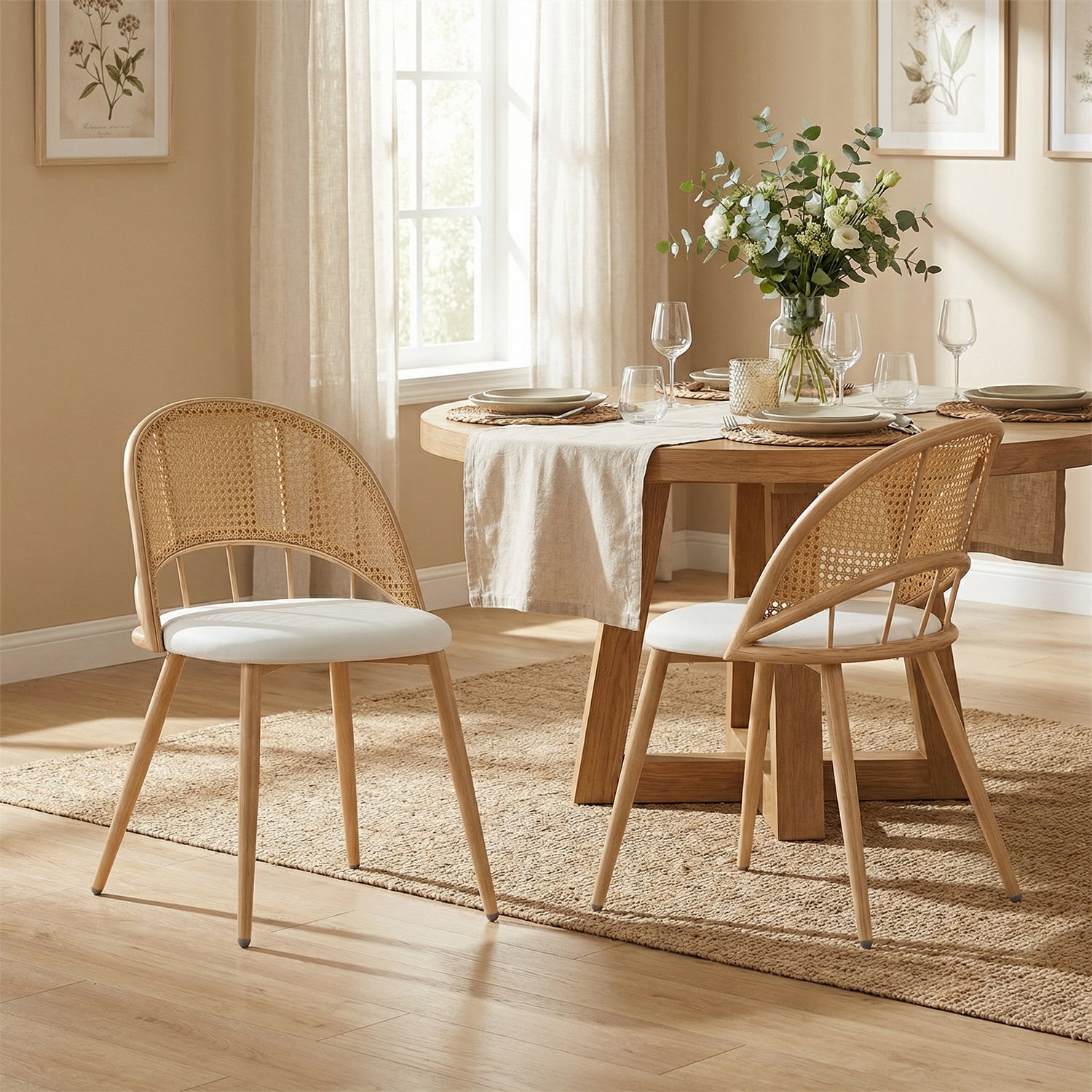 TYBOATLE Rattan Dinner Chairs Set of 2 with Faux Leather Cushion, Modern Dining Room Chairs w/Adjustable Foot Pads, Boho Kitchen Chairs Mid Century Upholstered, White