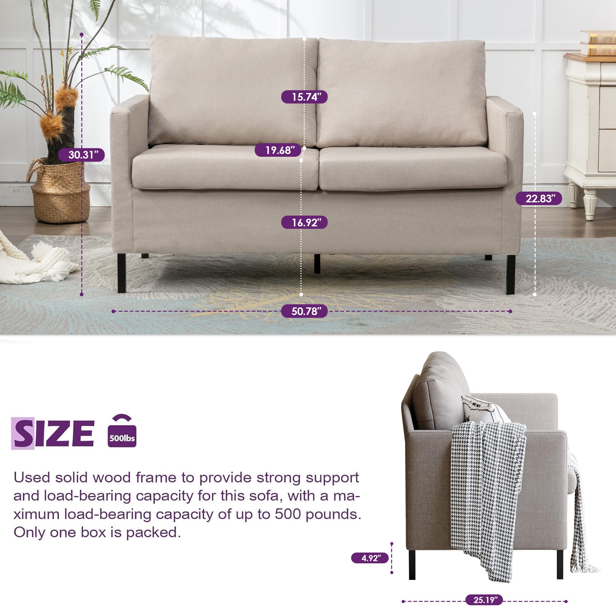 TYBOATLE Modern Small Loveseat Sofa Couch for Living Room, 51 Inch Upholstered 2-Seater Love Seats w/Iron Legs for Compact Small Space, Apartment, Bedroom, Dorm, Office (Beige)