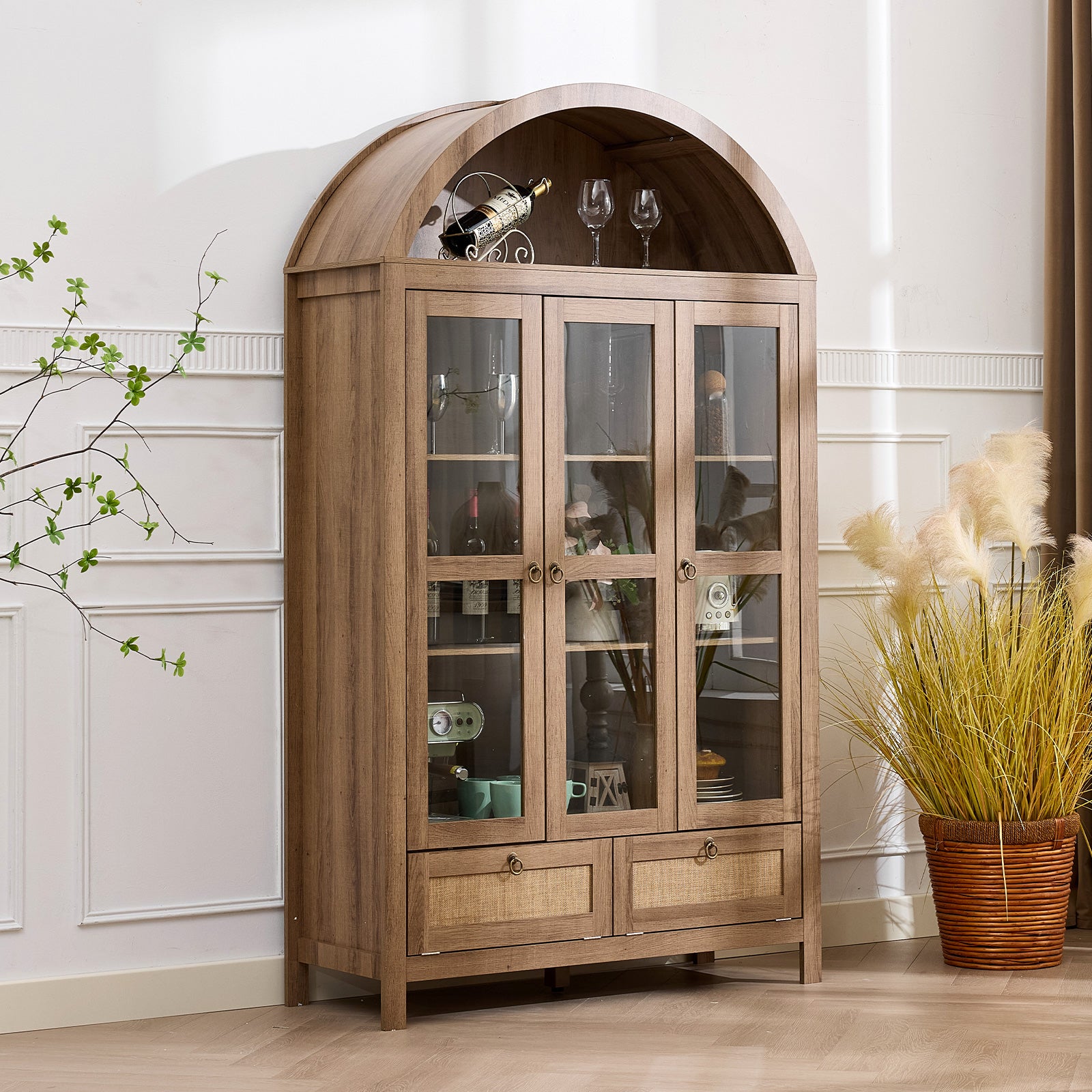 TYBOATLE 75'' Arched Cabinet Classic Farmhouse Design w/Three Glass Doors, Arch Cabinet w/Rattan Drawers and Anti-Tipping Device, Versatile Cupboard for Kitchen, Bathroom, Natural