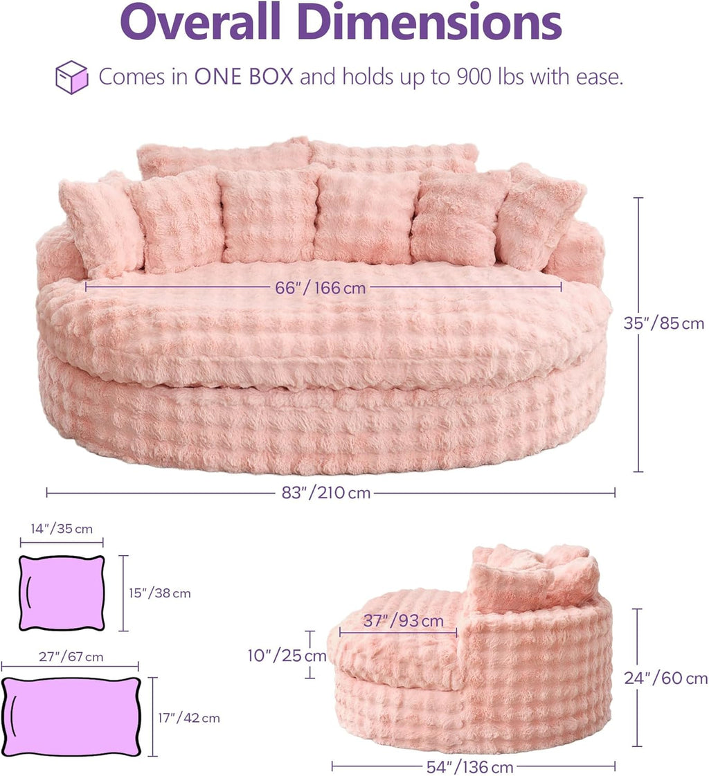 83’’ Oversized Round Sofa Bed w/Deep Seat, Round Chaise Lounge Chair Indoor w/Memory Foam, Comfy Fluffy Plush Cloud Couch w/Double Cushion, Circle Couch Bed for Livingroom, Bedroom (Pink)