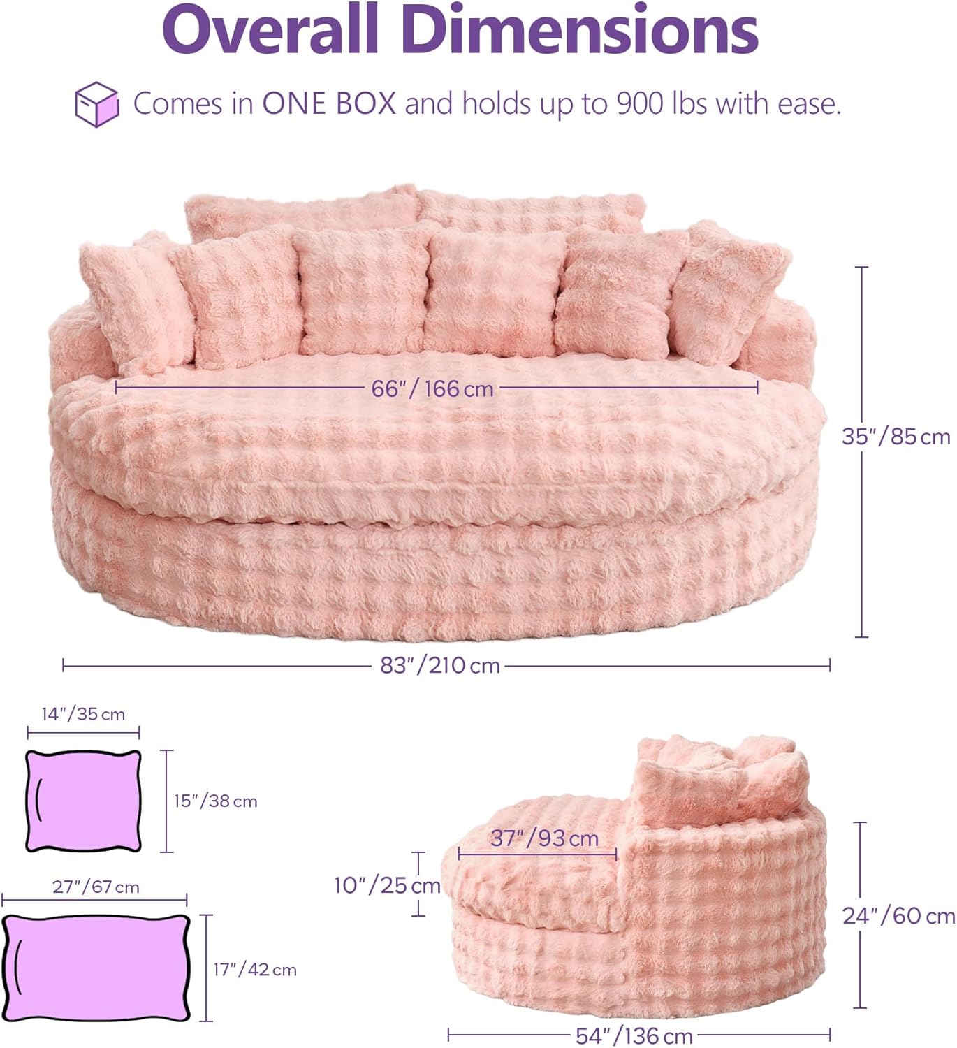 83’’ Oversized Round Sofa Bed w/Deep Seat, Round Chaise Lounge Chair Indoor w/Memory Foam, Comfy Fluffy Plush Cloud Couch w/Double Cushion, Circle Couch Bed for Livingroom, Bedroom (Pink)