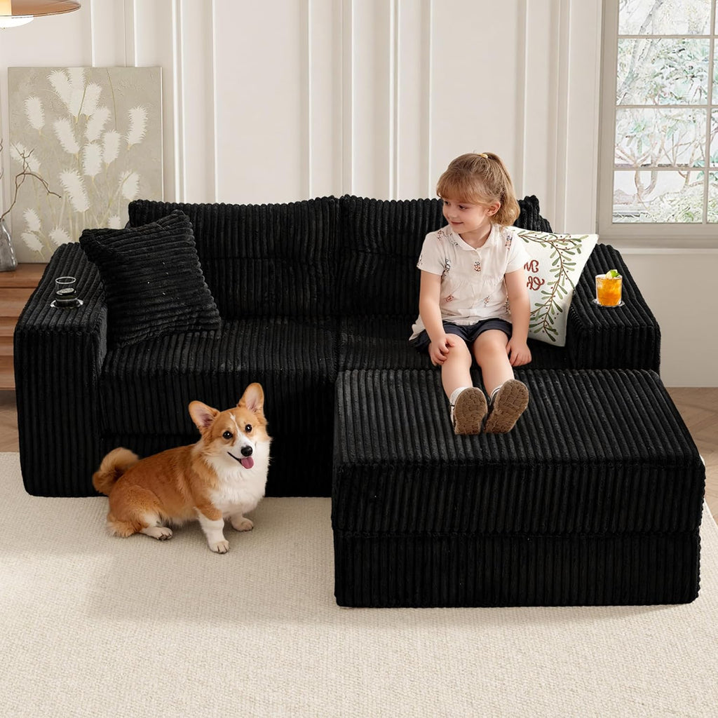 TYBOATLE Modular Cloud Sofa Loveseat with Ottoman, Modern Corduroy Boneless Sectional Foam Couch with Deep Seats, Convertible Sleeper Sofa Bed for Living Room, No Assembly (Black, 2 Seat)