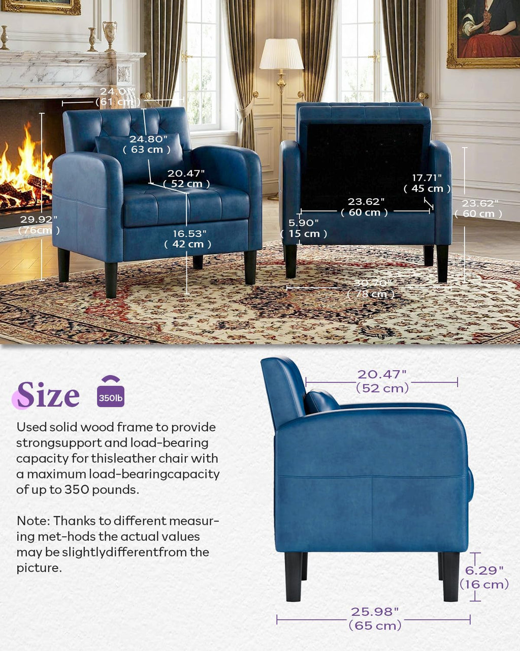 TYBOATLE Leather Accent Chairs w/Storage, Comfy Tufted Armchairs for Living Room, Faux Leather Upholstery Reading Chair for Bedroom, Blue Mid-Century Modern, Office, Waiting Room Chair, Side Pockets