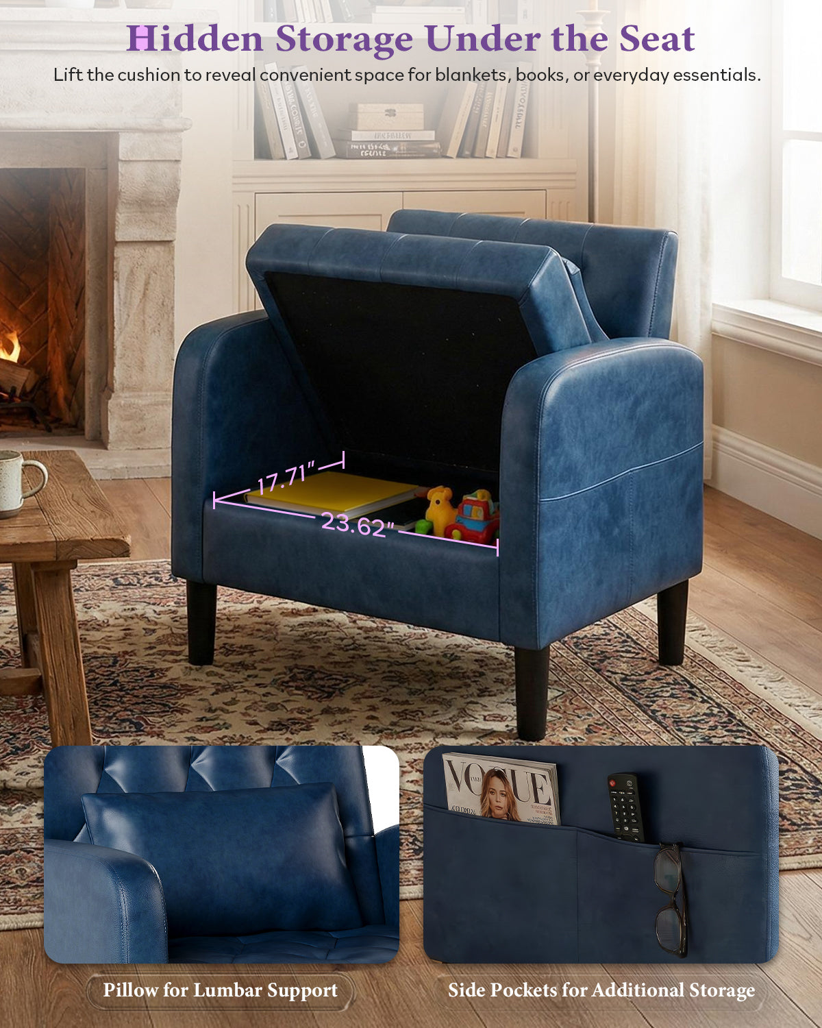 TYBOATLE Leather Chairs w/Storage, Comfy Modern Living Room Chairs, Accent Chair for Reading, Armchair for Bedroom, Waiting Room, Office (1, Blue)