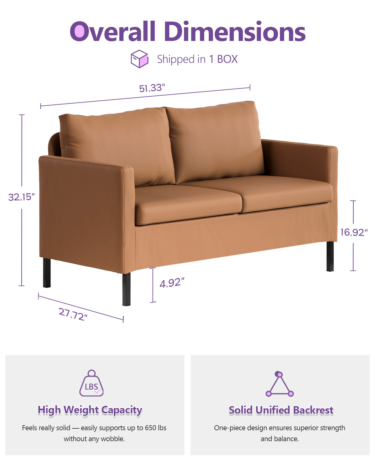 TYBOATLE Modern Faux Leather Small Couches for Small Spaces, Comfy Upholstered Brown Love Seat for Dorm, 2 Seater Mini Couch for Bedroom, Apartment, Office, Brown