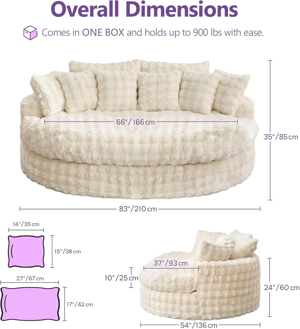 TYBOATLE 83’’ Oversized Round Boneless Couch w/Deep Seat, Round Memory Foam Couch, Comfy Fluffy Plush Bubble Sofa w/Double Cushion, Circle Bed for Livingroom, Bedroom (Beige)