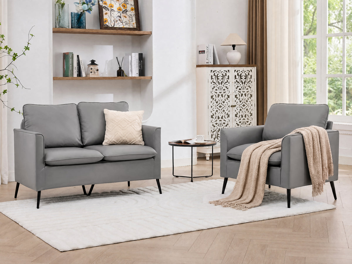 TYBOATLE Leather Loveseat Sofa and Accent Chair Set (Grey, 2)