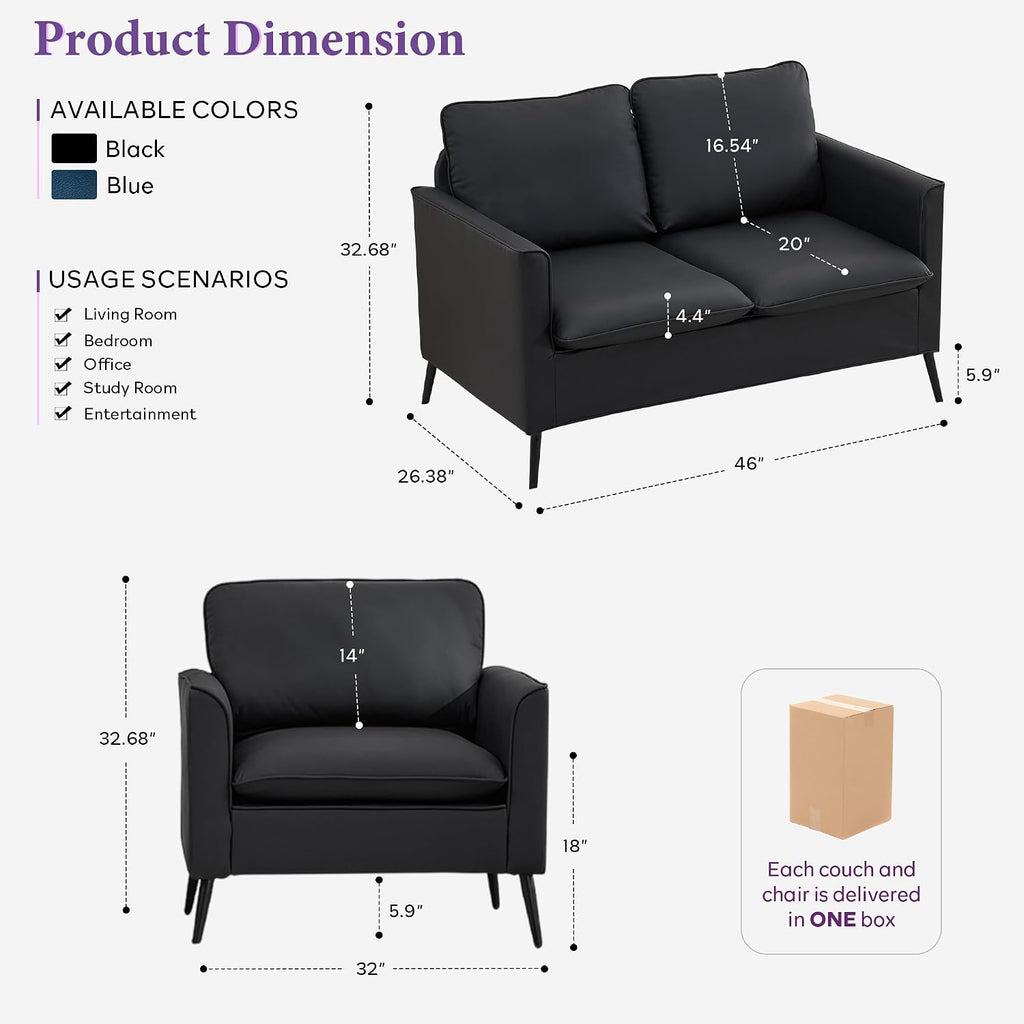 TYBOATLE Leather Loveseat Sofa and Accent Chair Set (Black, 2) | Comfy, 2 Pillows, Mid-Century Modern, Small Spaces, 2 Pieces Living Room Furniture Sets