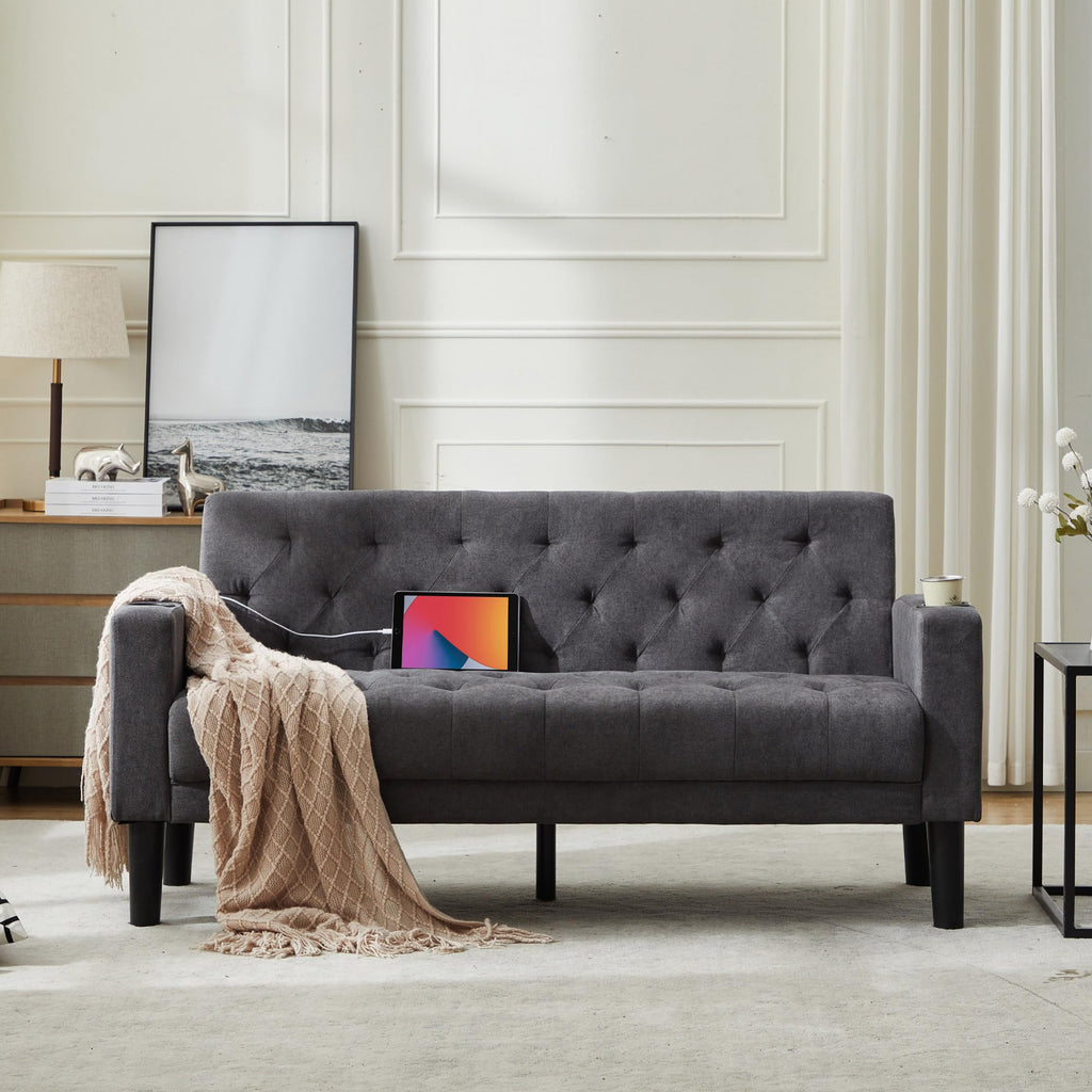 TYBOATLE 62" W Loveseat Sofa w/ 2 USB Charger Ports and 2 Cupholders, Mid-Century Modern Tufted Linen Fabric Small Love Seat Couches for Compact Living Room, Bedroom, Apartment, Dorm (1, Dark Grey)