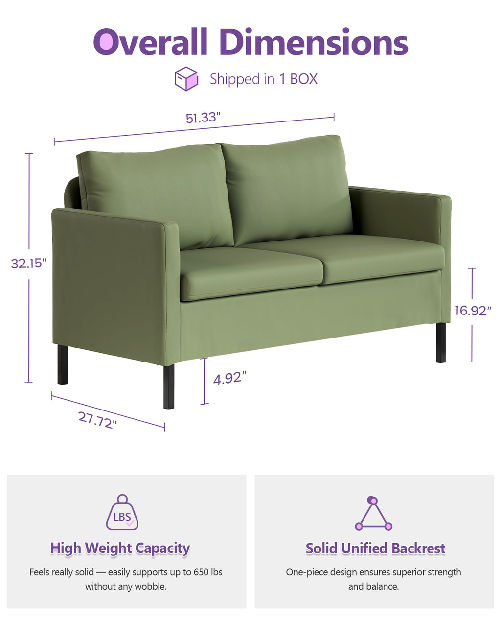 TYBOATLE Faux Leather Modern Small Couches for Small Spaces, Comfy Upholstered Love Seat for Bedroom, 2 Seater Mini Couch for Apartment, Dorm, Office, Green