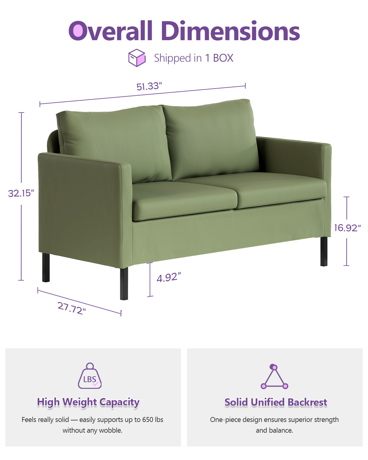 TYBOATLE Faux Leather Modern Small Couches for Small Spaces, Comfy Upholstered Love Seat for Bedroom, 2 Seater Mini Couch for Apartment, Dorm, Office, Green