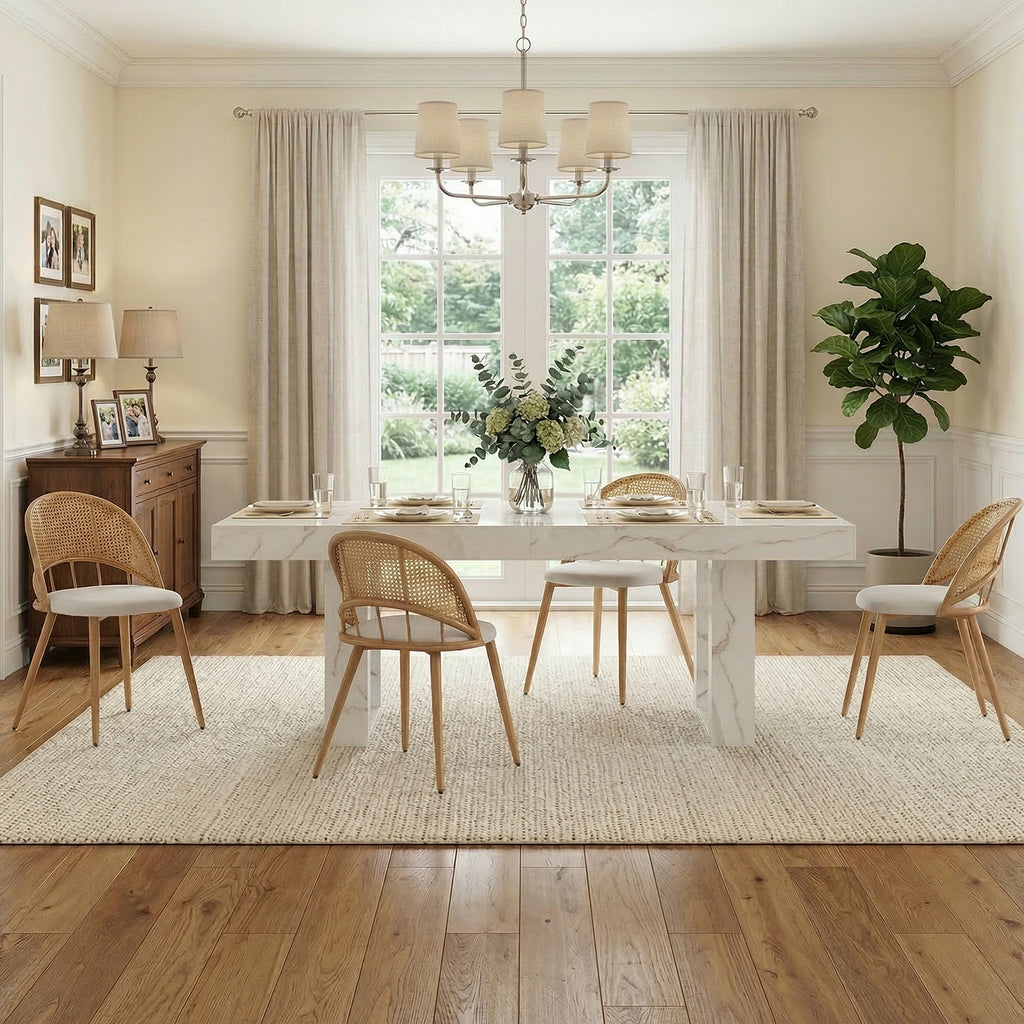 TYBOATLE 71''-87'' Extendable Dining Table Set for 4, Farmhouse Wooden Dining Room Table Set, 5 Piece Dinner Table Set with Upholstered Rattan Dining Chairs (Natural & White, 71''-87''- 4 Chairs)