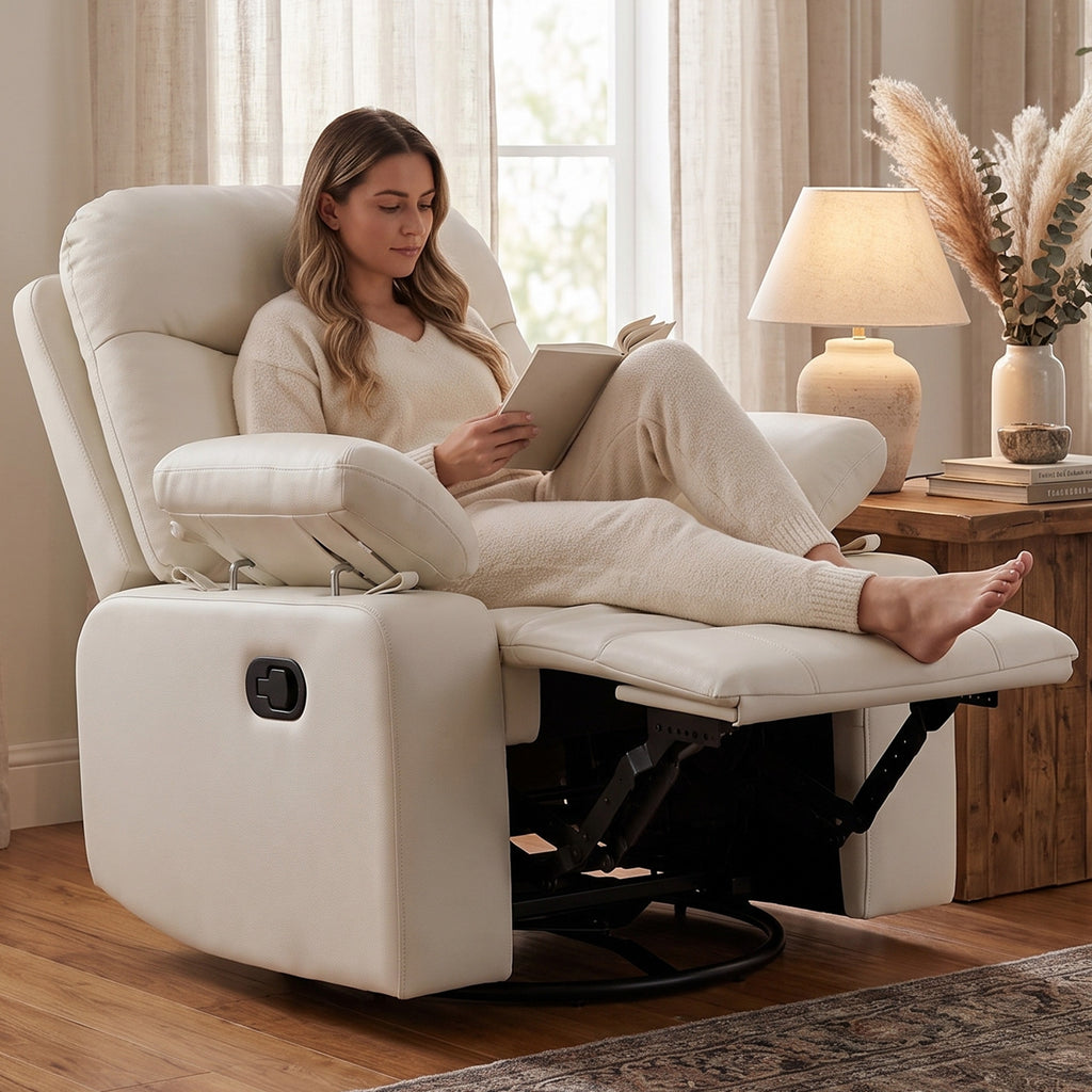 AODAILIHB Recliner Chair w/Adjustable Armrests for Adults White,360° Swivel, 30° Rocker, 135° Recline, Comfy White Leather Nursing Reclining Sofa Chair for Living Room, RV