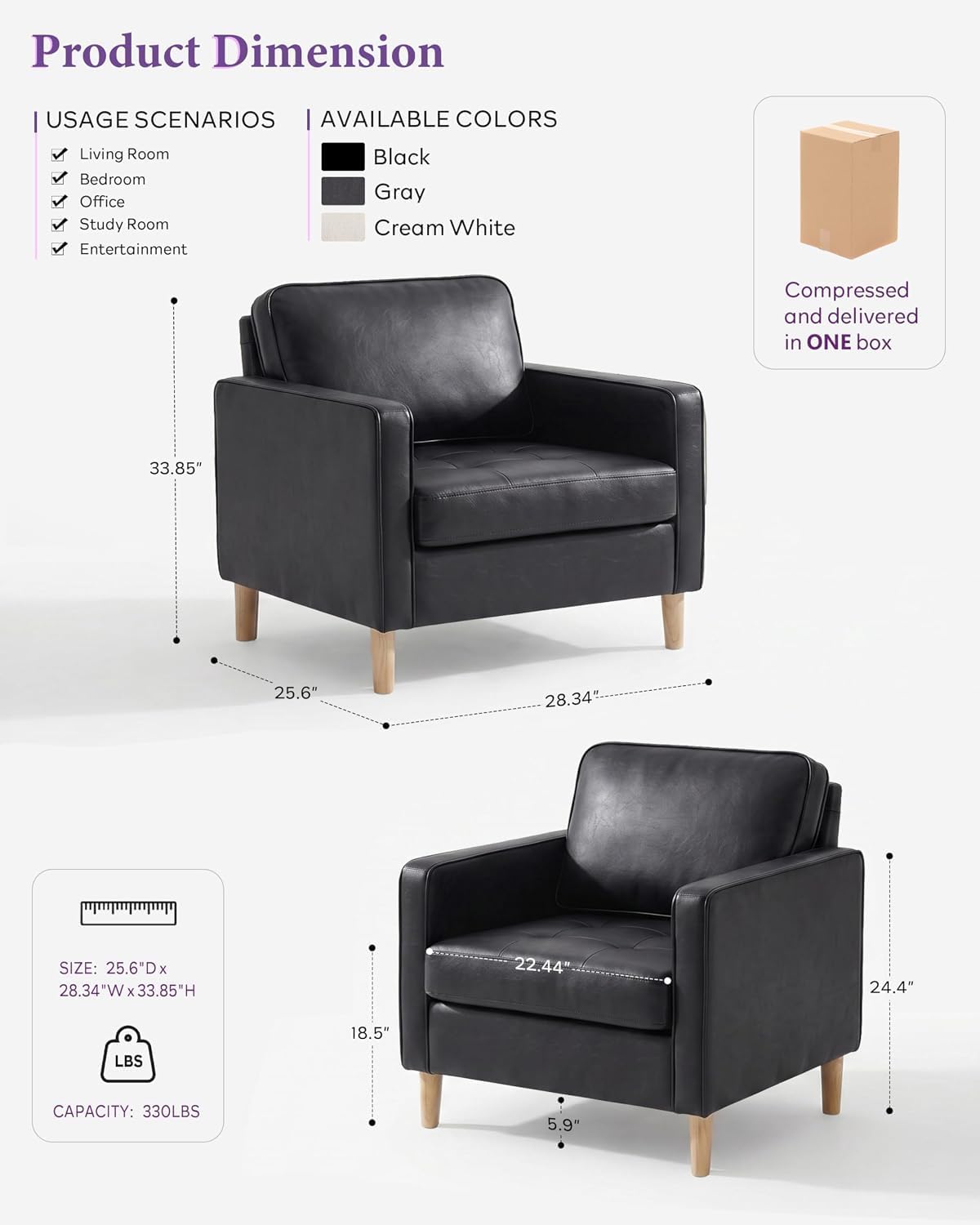 TYBOATLE Faux Leather Accent Chairs Set of 2, Office Armchair, Black, Tufted Seat, Wood Legs, Mid-Century Modern, Upholstered, Comfy, Reading, Living Room, Waiting Room, Bedroom