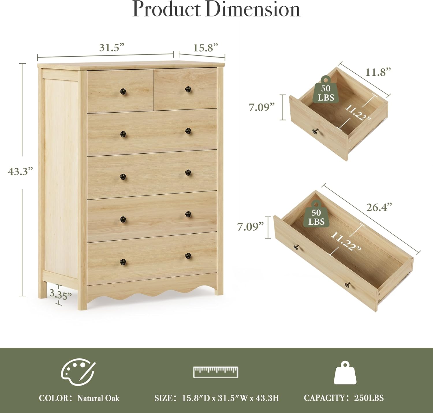 CHYMSUN Dresser for Bedroom with 6 Drawers, 44” Tall Modern Wood Dresser Chest of Drawers with Metal Handle, Farmhouse Natural Solid Wooden Dressers Organizer for Living Room, Hallway