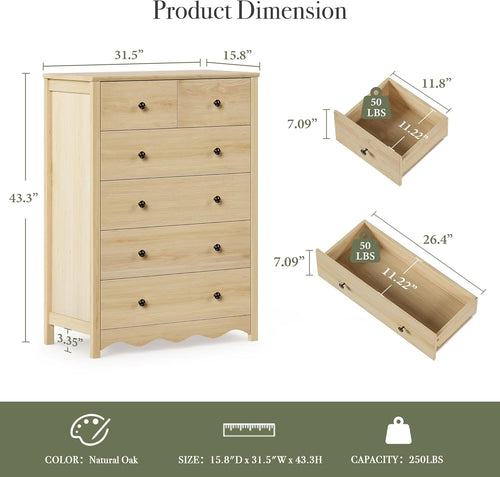 CHYMSUN Dresser for Bedroom with 6 Drawers, 44” Tall Modern Wood Dresser Chest of Drawers with Metal Handle, Farmhouse Natural Solid Wooden Dressers Organizer for Living Room, Hallway
