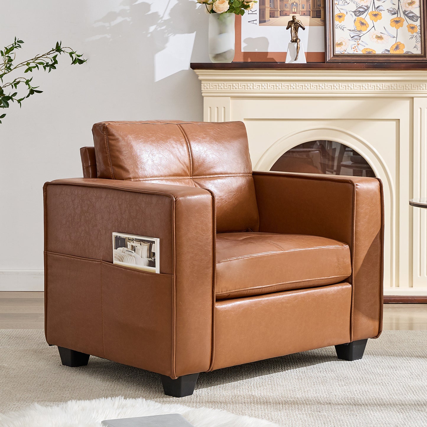 TYBOATLE Brown Faux Leather Accent Chair, Comfy Living Room Chair Reading Oversized Accent Chairs Tufted Mid Century Modern Arm Chair, 38.58" Wide Armchair for Office Bedroom Lobby