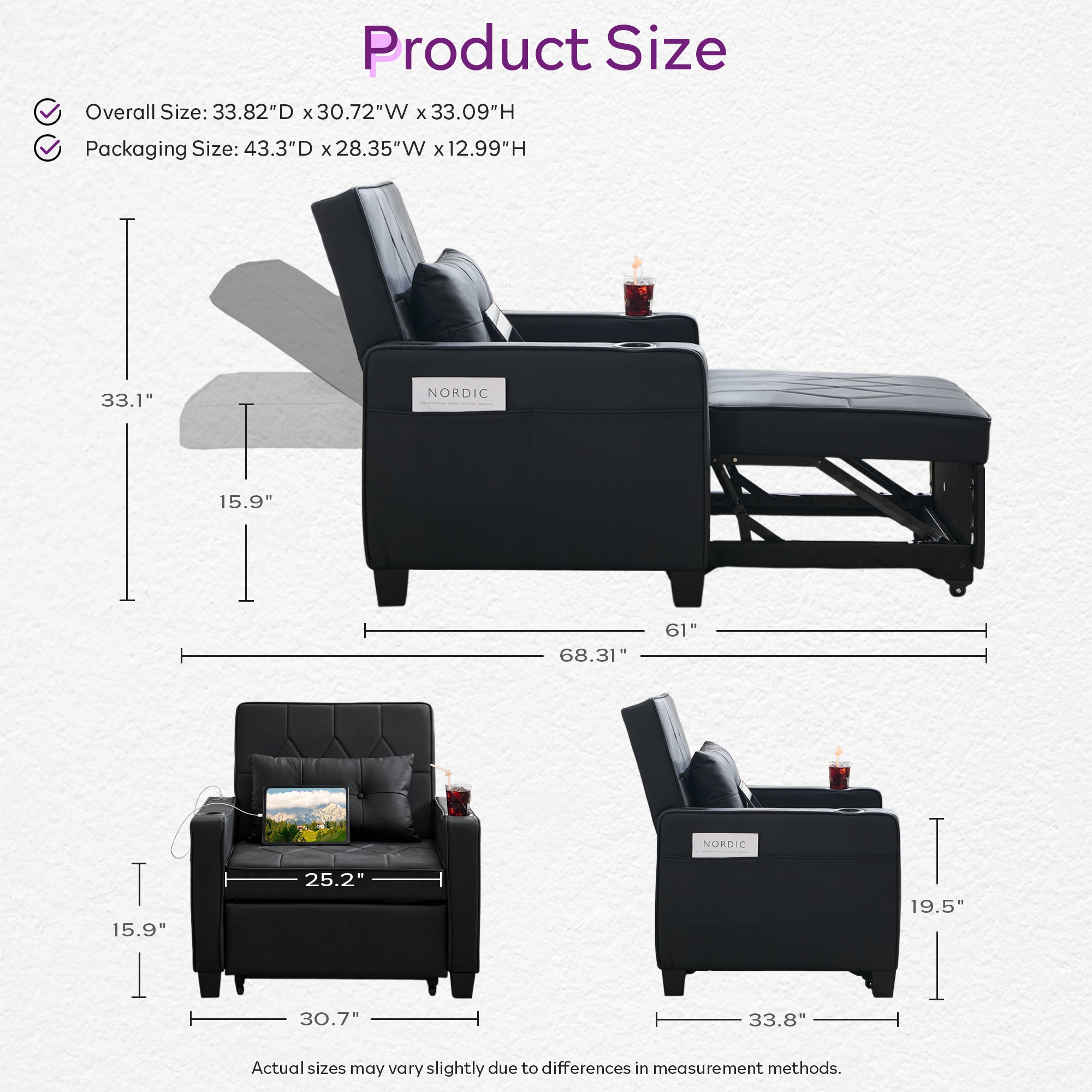 TYBOATLE Convertible Sleeper Chair Bed for Adults, 3-in-1 Pull Out Sofa Chair Bed with USB/Type-C Ports, Cup Holders, Side Pockets, Single Sofa Bed for Living Room, Bedroom, Office (Black Leather)