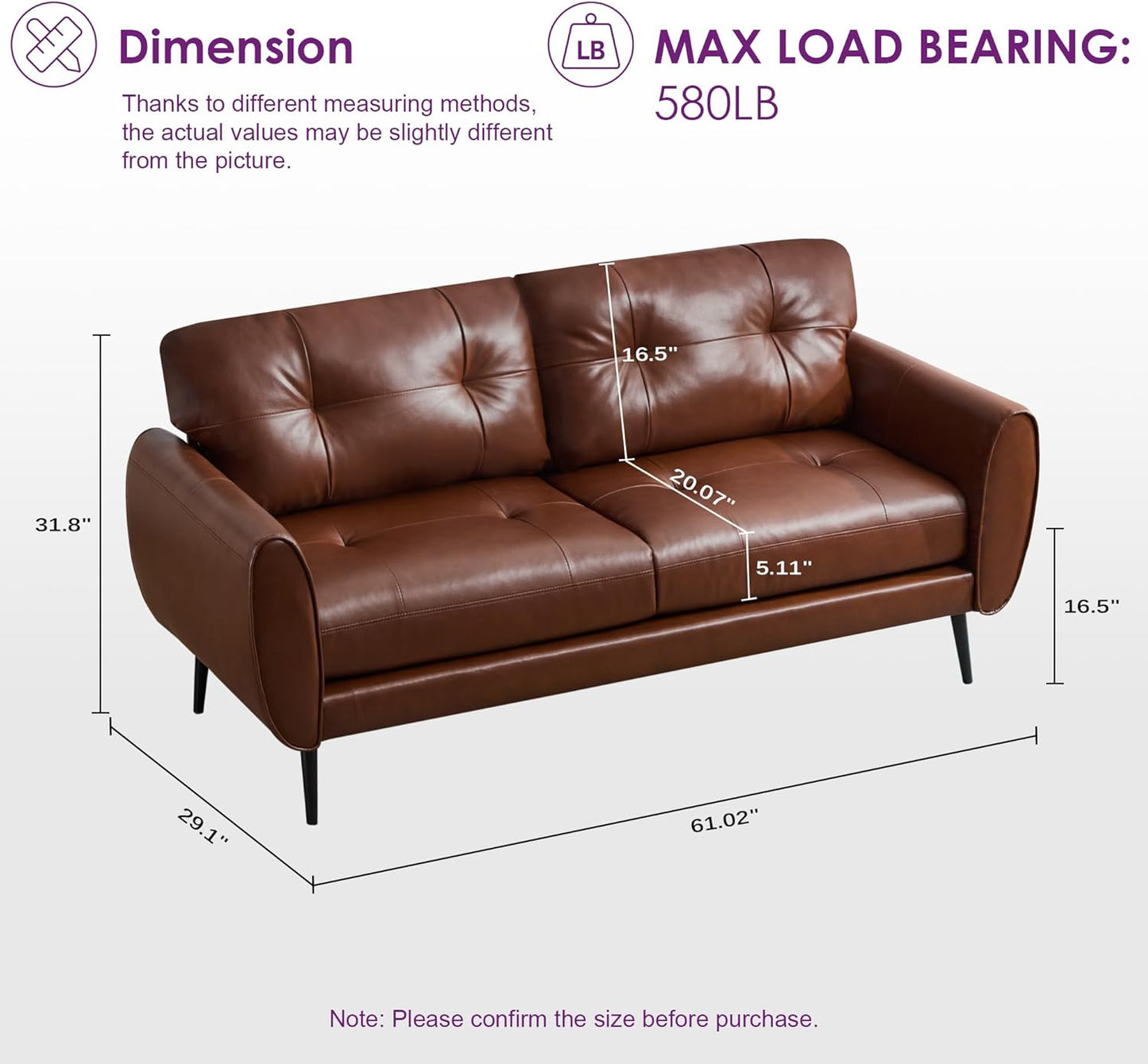 TYBOATLE Sofa Couch 61" Small Loveseat Couches for Living Room White Leather Couch Mid Century Modern Tufted Mini Sofa Comfy Office 2 Seat Settee Love Seat Small Couches for Small Spaces Bedroom (3, Brown)