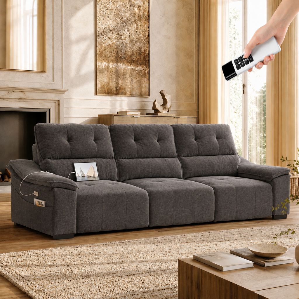 110” Electric Extendable Reclining Couch, Power Pull Out Sleeper Sofa Bed